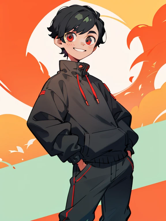 a boy,short black hair,facing the camera sideways,Wearing a gray sweatshirt（The sleeves are red）Smile，hands in pockets,Sunny and handsome,Eye details