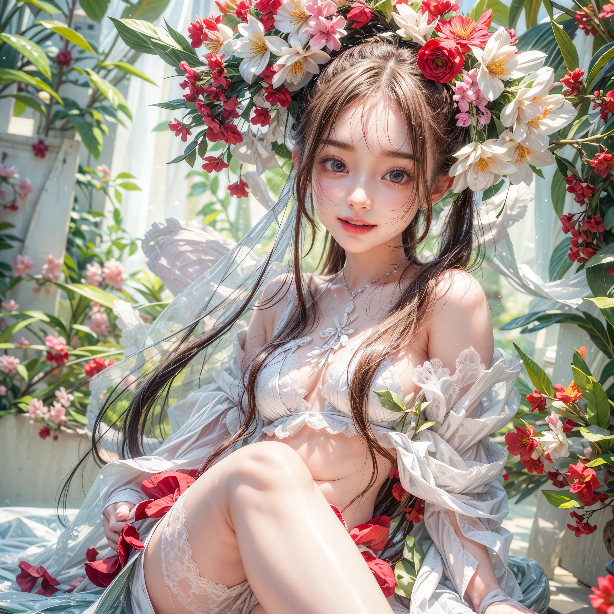 (SFW, White and Red, masterpiece:1.2, Exposed:1.2), (nipple:-0.9), (Acutance:0.8), (many sexy junior idols in group photograph), ((Extremely Detailed KAWAII face variations, joyful expression variations)), { Navel | pretty Ass | Overflowing sideboob | (Delicate lace knitted white wear) | full of Flowers covering girl's body | (Colorful Light shines from Dazzling and delicate stained glass:1.2) }. ( ultra-detailed, realistic, (photorealistic:1.37) with a touch of rawness). { under the mesmerizing back lighting | concept art | enhancing the overall visual impact }. (not Detailed fingers:-0.9) .