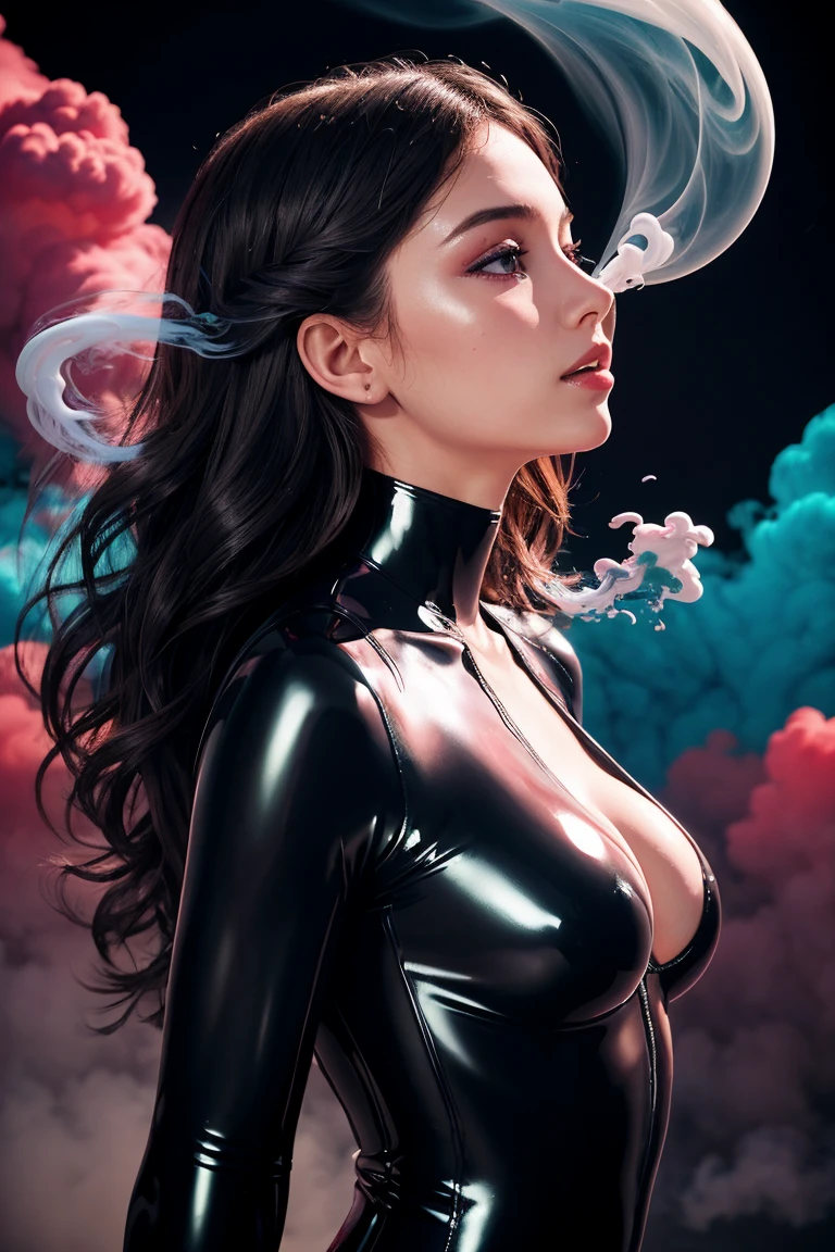 (best quality, masterpiece) 1girl, upper body, psychedelic, latex bodysuit,cleavage,from side, wavy hair, splashing, abstract, colored smoke background