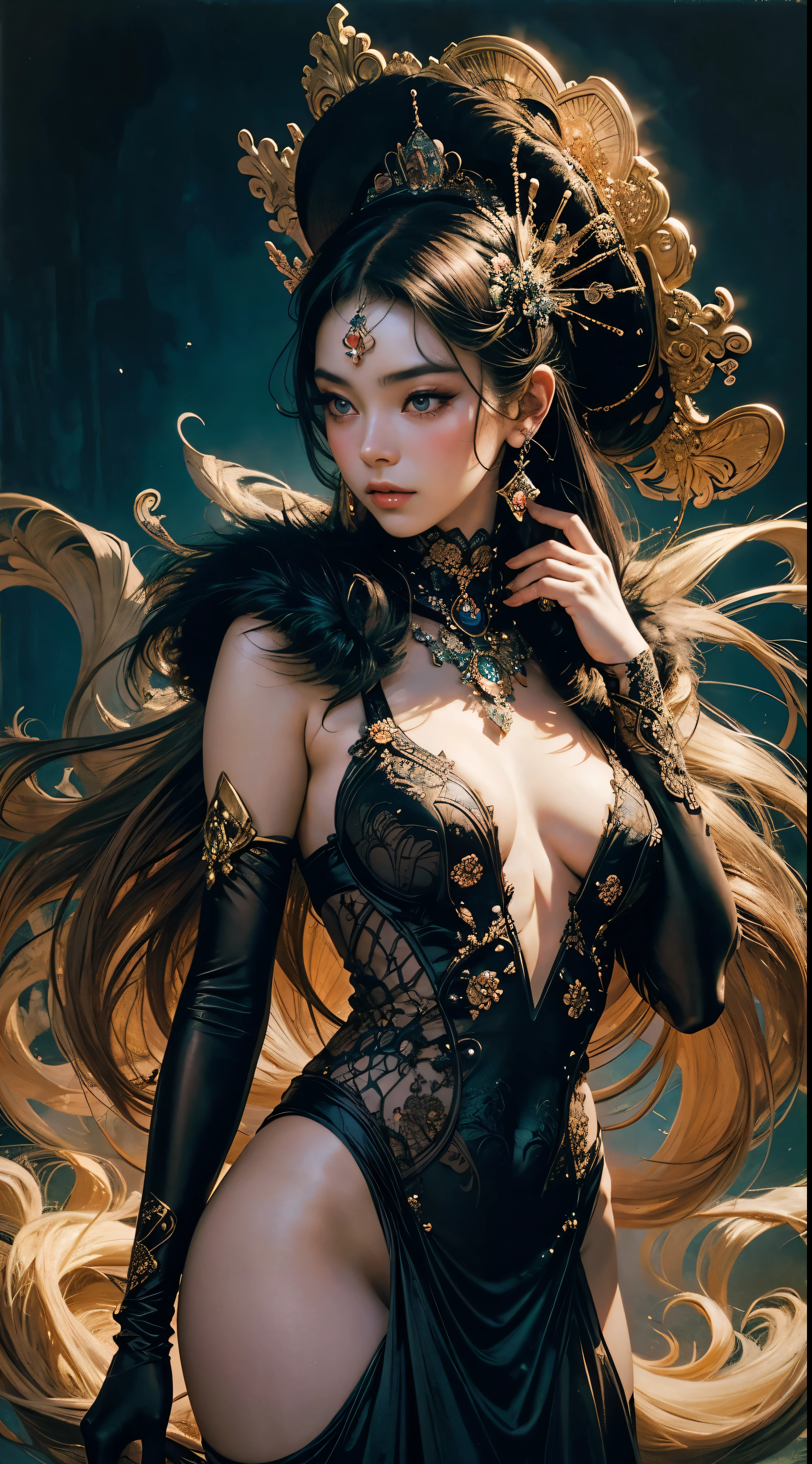 movie-like scene,NSFW gorgeous ????? princess in winter cosplay,hide your hands,I don&#39;t have any hands,pussy,nude,?????? pose,sexual posing,like Klimt&#39;s work,Like Amcha&#39;s work,Inspired by Klimt and Mucha,vibrant colorful tones,colorful hair,stylish,anime girl,phantroome,NSFW,Big breasts,nice,Glamour, inspired by robert mcginniss, inspired by Grete Stern, Takato Yamamoto&#39;s style, Guido Crepax, Guido Crepax Style, kindness, Vania Zhurviyov, Inspired by Leonor Fini, long tail cultivation, Inspired by Takato Yamamoto.table top,ultimate quality,detailed background, Day: beautiful and fine eyes, Dense and beautiful lips, highly detailed eyes and face, long eyelashes, (highest quality:1.2), super detailed, (realistic:1.37),super realistic,, color contrast, High resolution, psychedelic dress, inspired by robert mcginniss, grete stern style, Takato Yamamoto style, Guido Crepax Style, inspired by amano, Inspired by Vania Yuravyevov, Inspired by Leonor Fini, Inspired by Shusei Nagao, Inspired by Takashi Yamamoto, Bright colors, dramatic lighting, impressive composition, interesting atmosphere, feminine elegance.