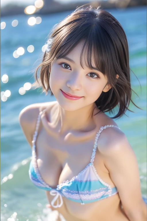 (((masterpiece))), (((Full body photo)))，(Beautiful girl, Innocence，cute) ，Ultra-high resolution, reality, Very detailedな, 8k,Highest quality, Very detailed, Blurred Background,thin，Small breasts，(Very beautiful Japanese girl, Detailed face:1.3), (Short black hair :1.4), (Baby Face，cute,Adorable girl), (Perfect body:1.1),((White Micro Bikini))、rosy cheekest smile,Very detailedなな顔、Detailed Lipinae Eyes、Sparkling eyes， gravure idol，Clear Skin、Lolita，Photorealistic:1.37、Bright sunny day、Crystal clear blue sea、Shining Sun、Sparkling reflection of wave front、Cold sea breeze、Underwater、smile、smile