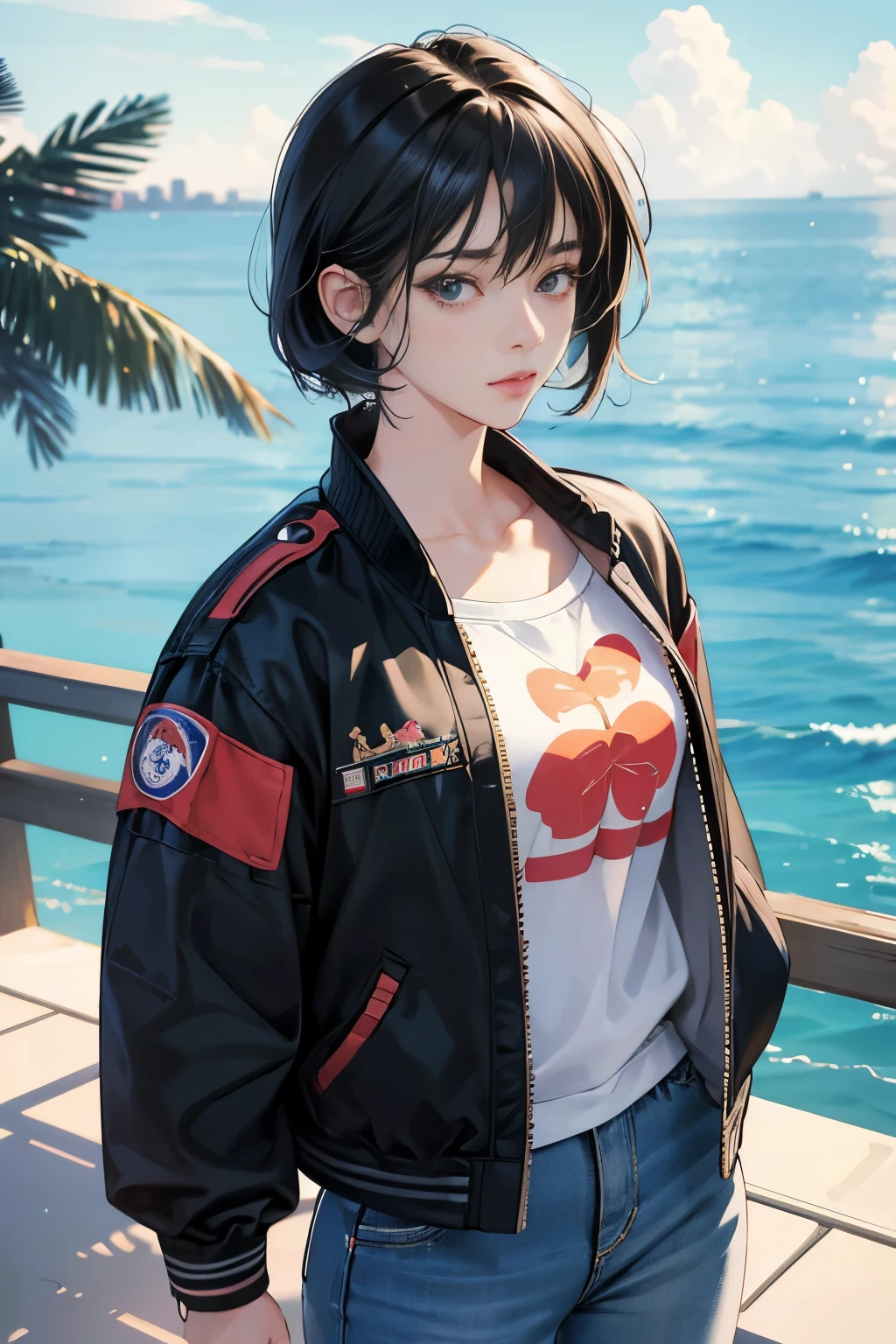 very colorful, pop feel, U.S. West Coast, summer image, Palm tree, seaside, Anime woman with short black hair, Around 25 years old, wearing a jacket, perfect tall model body, cool beauty, That will happen, Anime drawing by Yang J, Trending at Art Station, realism, extremely detailed germ of art, Realistic anime 3D style, anime style 4 k, up to the model | germ of art, anime style. 8k, casual clothes, realistic anime art style, style germ of art, sharp outline, highest quality, perfect angle, perfect composition, best shot, official art,CD jacket, 80s city pop, very stylish