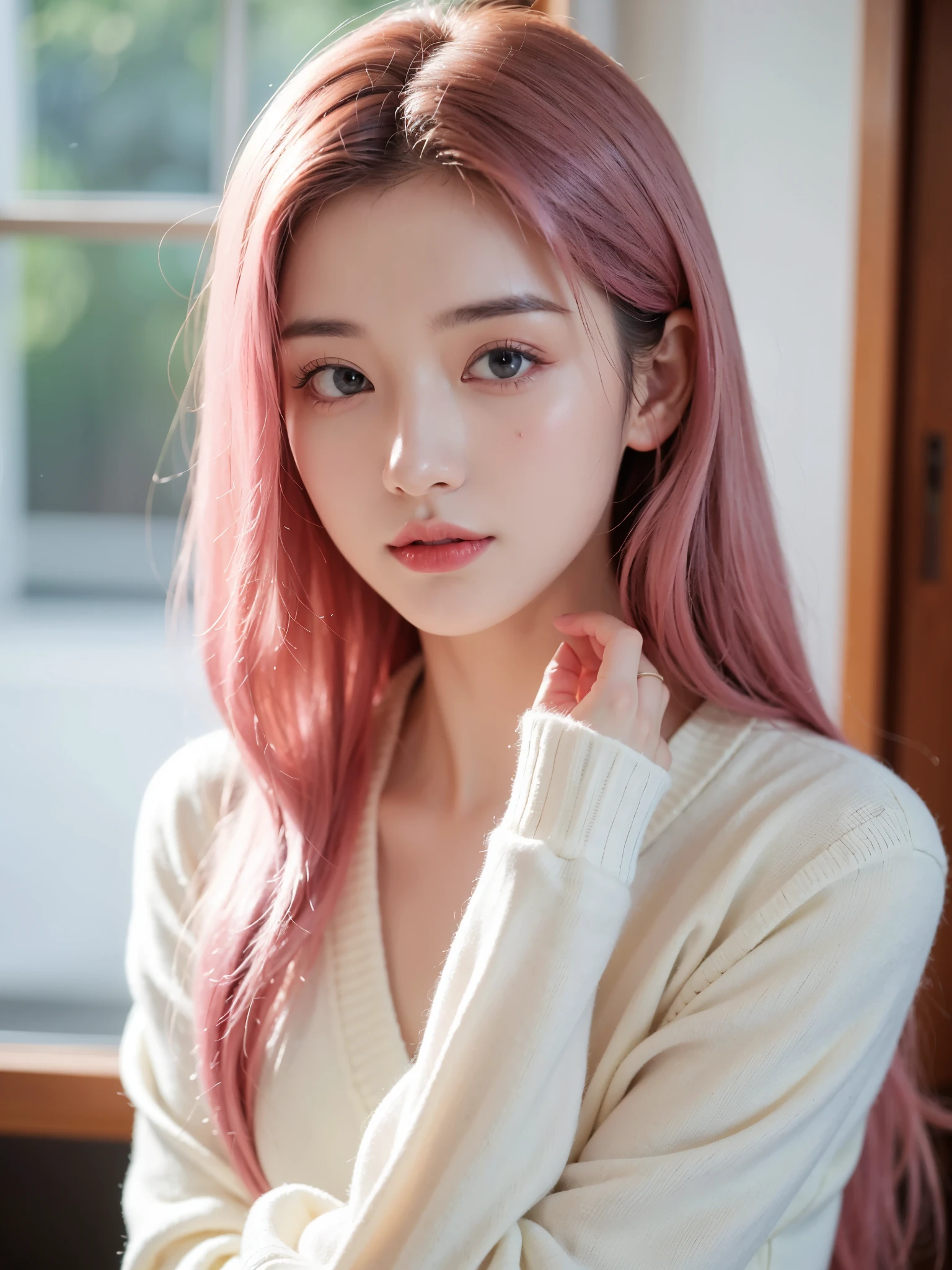 ((highest quality、8K、master piece:1.3))、1 woman、25 years old、(long hair、:1.2)、cardigan:1.2、(A little indoors:1.5)、white simple background、super detailed face、detailed eyes、medium hair、(Pink Hair:2.0)、beautiful long black upper eyelashes、beautiful long black lower eyelashes、focus on the face、focus on the face、close up of face、face only、upper part of the body