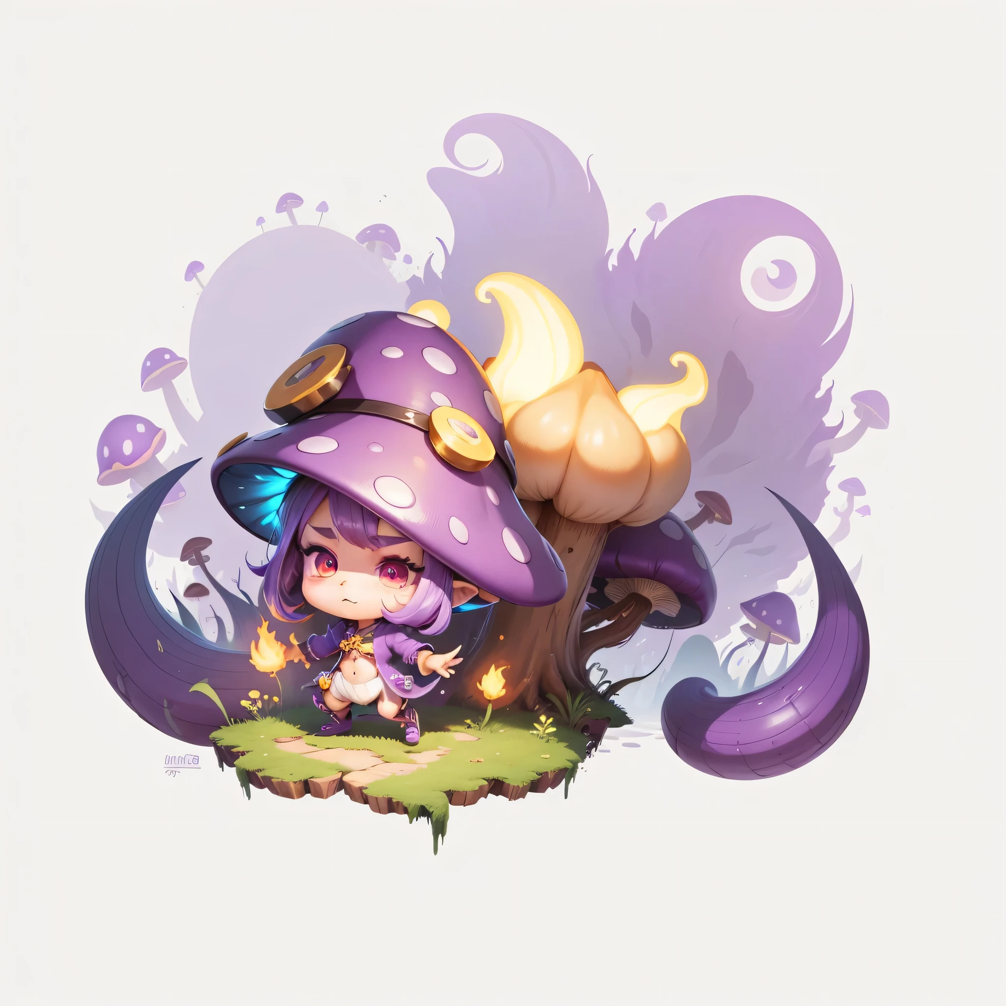 Purple little boy illustration, Mushroom-like yellow hat,More exaggerated mushrooms, The mushroom shape  more obvious, Purple flames behind，Smooth appearance, Looked up, cute expression, strong arms, role conception, role conception, video game role conception, Hipper de Tajado Fantasia Characters, 游戏role conception, role game art, Highly Detailed role conception, Epic character art, stylized game art, role conception, Video game character concept, high quality role conception, underbody leaves, Purple  more saturated