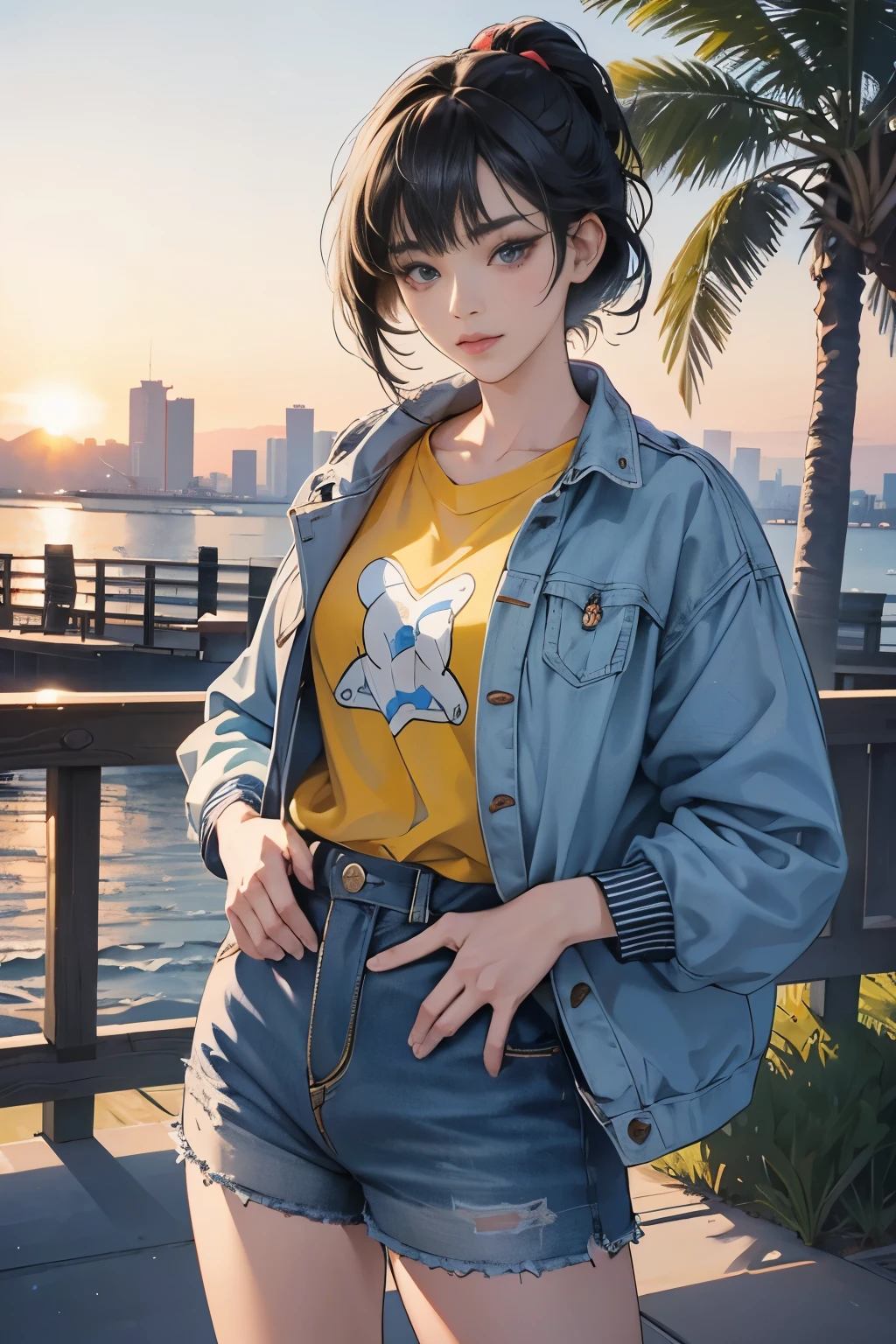 very colorful, pop feel, U.S. West Coast, summer image, Palm tree, seaside, Anime woman with short black hair, Around 25 years old, wearing a jacket, perfect tall model body, cool beauty, That will happen, Anime drawing by Yang J, Trending at Art Station, realism, extremely detailed germ of art, Realistic anime 3D style, anime style 4 k, up to the model | germ of art, anime style. 8k, casual clothes, realistic anime art style, style germ of art, sharp outline, highest quality, perfect angle, perfect composition, best shot, official art,CD jacket, 80s city pop, very stylish