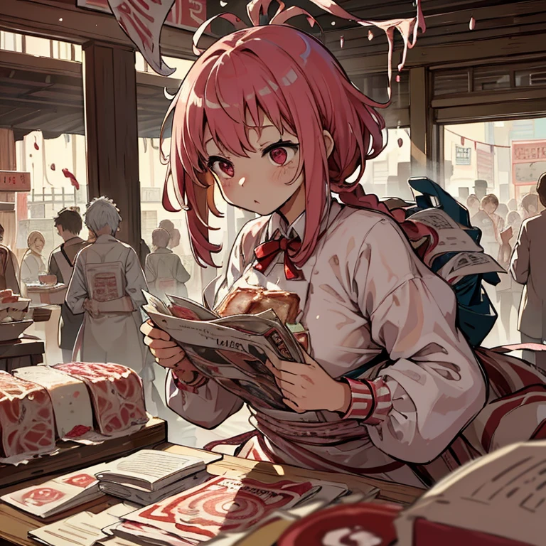 A butcher covered in newspaper waterfalls and boiling strawberry parfait ramen、amazing dynamism、amazing angle、A swirling newspaper storm of unstable buoyancy、((Many friendly newspapers will float and follow you..),surround each other'Giant cake、