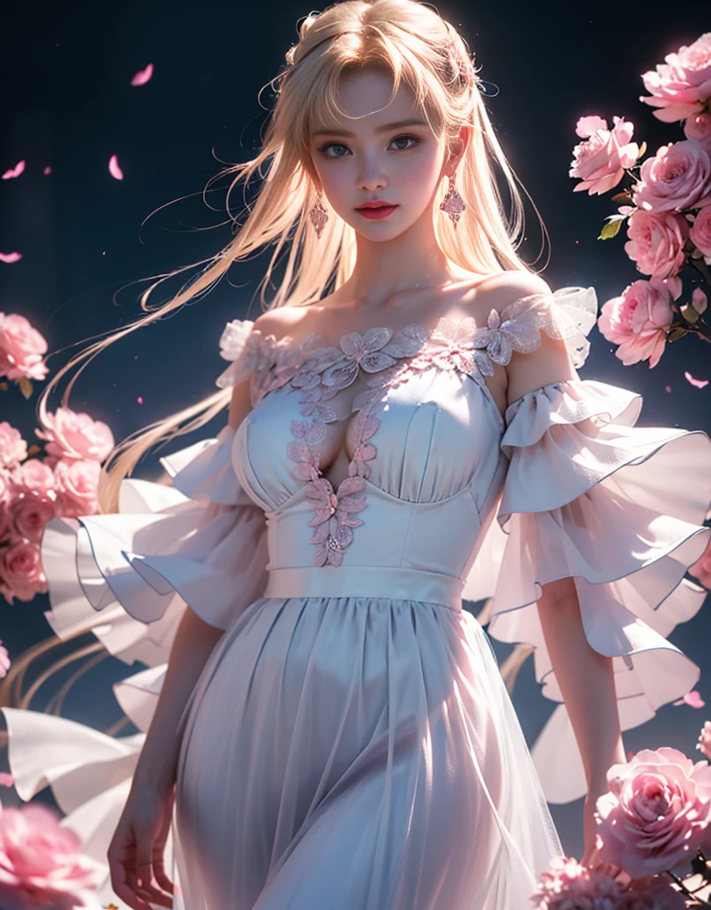 masterpiece,Highest image quality,Super detailest quality ,extremely delicate and beautiful, Very detailed,best quality, official art, Extremely detailed CG unified 8k wallpaper, portrait photo, The most beautiful look,Blonde hair, blue eyes,Radiant skin and radiant eyes, beautiful skin,(detailed lighting:1.2), (Beautiful and detailed light:1.3), deep understanding, beautiful nude color, complex, digital painting, Smooth, sharp focus, end of the world, epic reality,looking at camera, (high dynamic range:1.4),face camera, (pastel colors:1.4), beautiful big breasts,end of the world的, give up, neutral color, night, screen space refraction, (intricate details, Super detailed:1.3), art station, movie shot, vignette, complex background, buliding,charming smile,Blushed,Shy,detailed background,(Various colors of dream catcher earrings missing color,Color black,White,pink,Purple,red,blue,orange color,green,blue,,),And flirtatiouposed,camel toe,comb neatly,),The best look,Crystal Pink Diamond Venetian Sunset Rose Transparent Open Dress,Ultra thin,translucent,lace,hollowed out,(Off-the-shoulder, large open-breasted crystal pink diamond transparent hollow open style falling slim dream dark elf infatuated hip skirt:1.6), pink背景,pink玫瑰,roseutterfly,