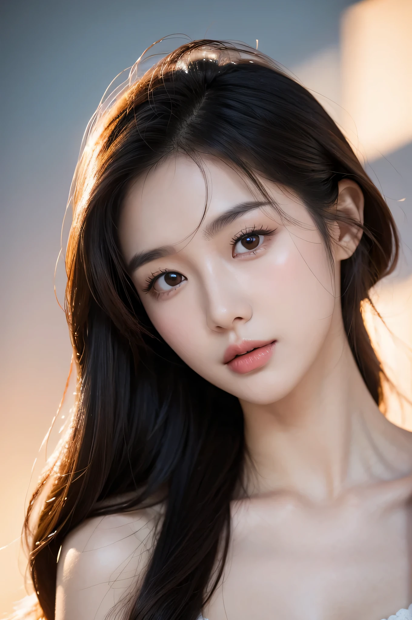 1 cute real photo of a Korean star, medium hair, fine hair, White skin, Light makeup,,closeup portrait, ultra high definition,solid color background,forehead exposed,not covering face,upper body,naked body,show head,University Teachers'don't cover your body,Characters should not be obscured within the frame,eyes are very bright,Eyelashes look good,Model the face,glowing light,youth and beauty,University Teachers'don't cover your body,upper part of body