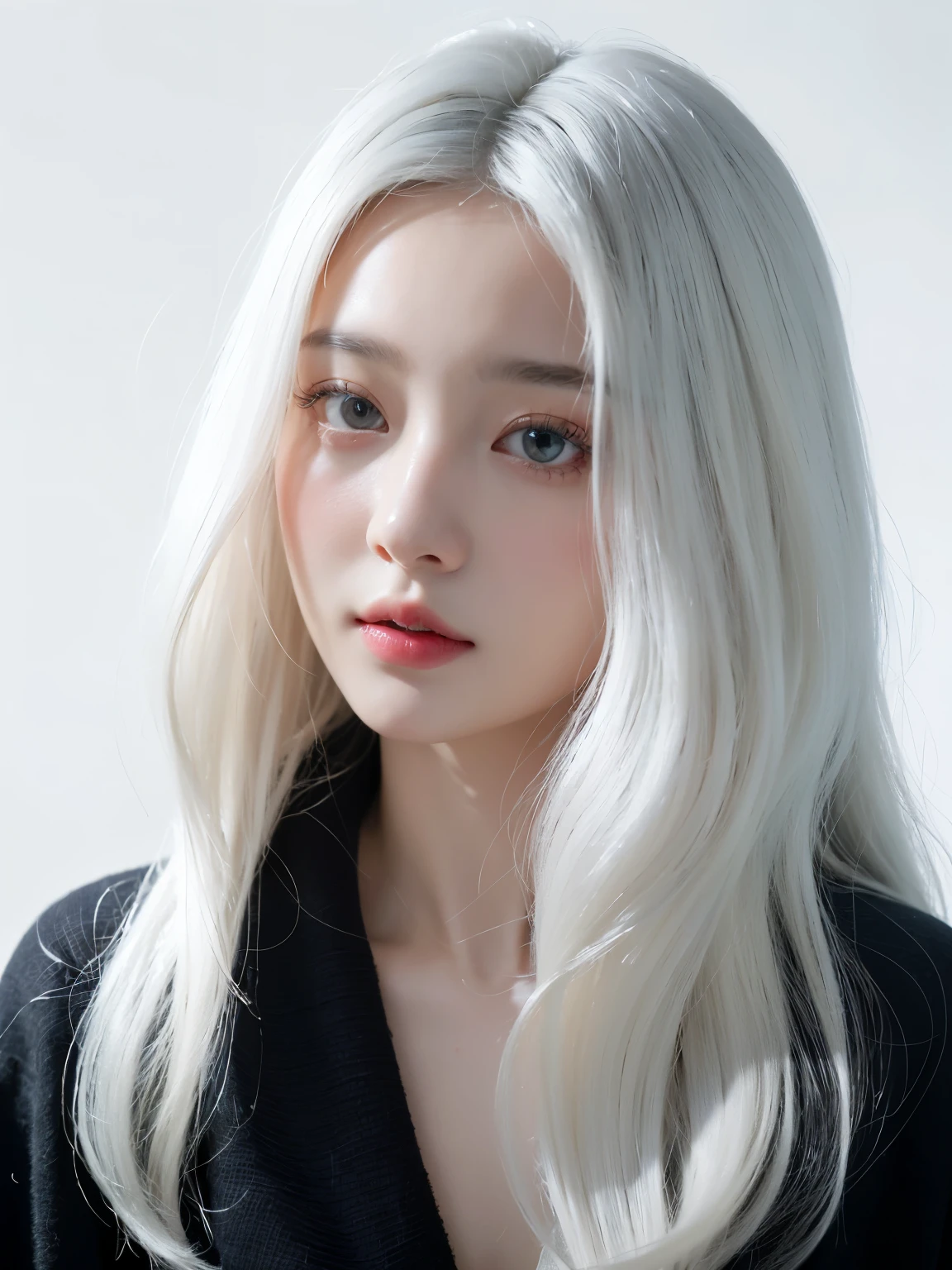 ((highest quality、8K、master piece:1.3))、1 woman、(long hair、:1.2)、black cardigan:1.2、white simple background with shadow、super detailed face、detailed eyes、medium hair、（White Hair:0.5）Natural hair color