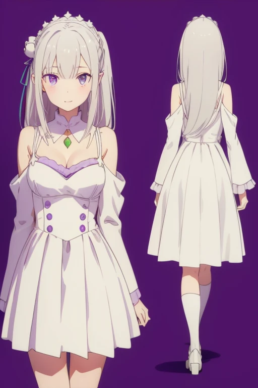 (multiple views:1.5),from behind,from_front,
What^±èœœèŽdryé›
,emilia (Again:zero),pointed ears,gAgainy hair,gray hair,very long hair,dull bangs,purple eyes,crown blade,side lock,×hair ornament,flower in hair,purple ribbon,very long hair, background,purple background,
whole body,arms on both sides,smile,1 cat,To see you,
£ ä ̧,detached collar,gem,baAgain shoulders,cleavage,pleated skirt,white skirt,white dAgainss,frills,removed sleeve,wide sleeve,frills袖,long sleeve,white stockings,, exquisite visuals, High resolution,masterpiece,highest quality,, exquisite visuals,High resolution,masterpiece,highest quality,18-year-old,young woman,beautiful fingers,beautiful long legs,beautiful body,beautiful character design,white panties,