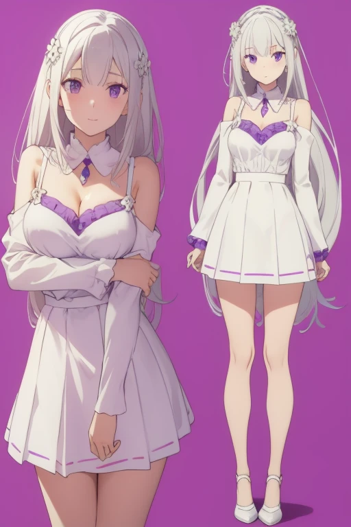 (multiple views:1.5),from behind,from_front,
What^±èœœèŽdryé›
,emilia (Again:zero),pointed ears,gAgainy hair,gray hair,very long hair,dull bangs,purple eyes,crown blade,side lock,×hair ornament,flower in hair,purple ribbon,very long hair, background,purple background,
whole body,arms on both sides,smile,1 cat,To see you,
£ ä ̧,detached collar,gem,baAgain shoulders,cleavage,pleated skirt,white skirt,white dAgainss,frills,removed sleeve,wide sleeve,frills袖,long sleeve,white stockings,, exquisite visuals, High resolution,masterpiece,highest quality,, exquisite visuals,High resolution,masterpiece,highest quality,18-year-old,young woman,beautiful fingers,beautiful long legs,beautiful body,beautiful character design,white panties,