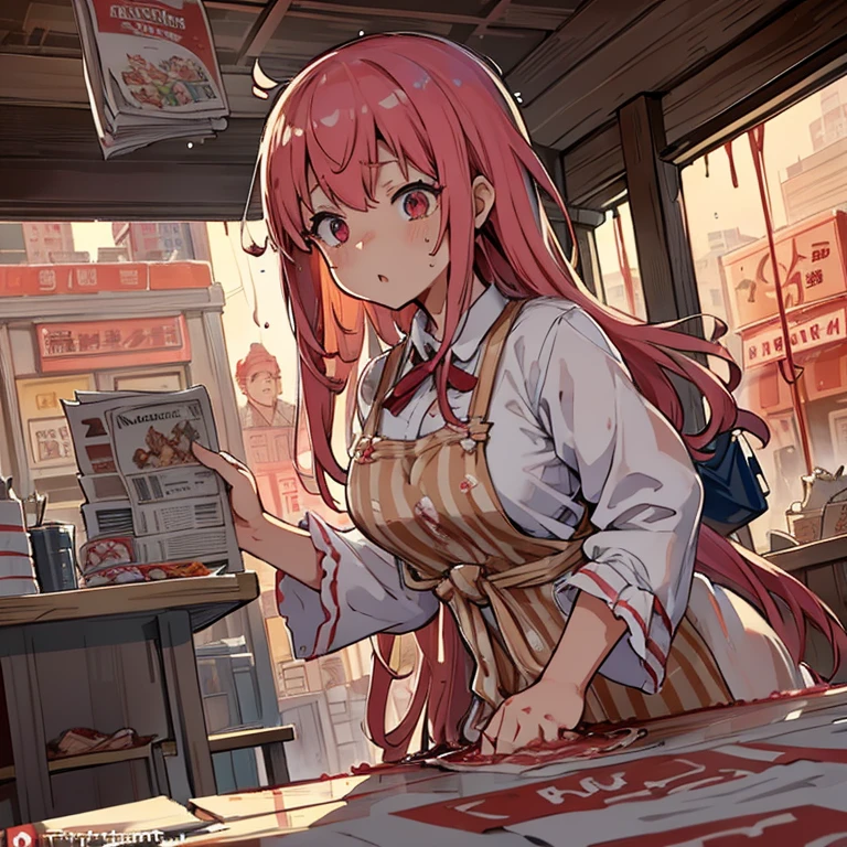 Butcher covered in waterfalls of receipts and boiling strawberry parfait ramen、amazing dynamism、amazing angle、A swirling newspaper storm of unstable buoyancy、((Many friendly newspapers will float and follow you..),surround each other'giant sweets