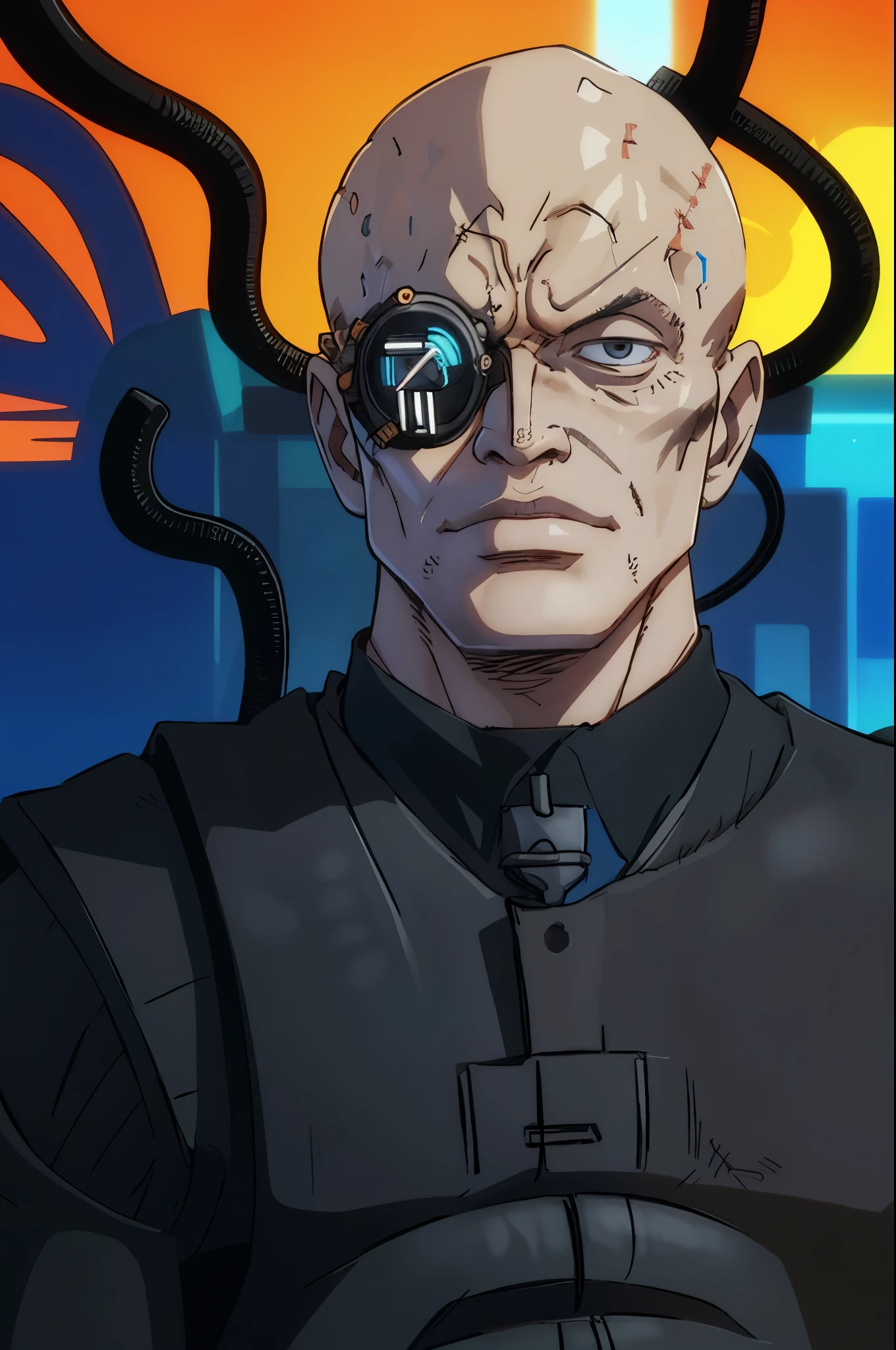 wanostyle best quality,male borg
cyborg
bald
gray skin
veins
metal armor
cable
eyepatch on bright white netural backdrop