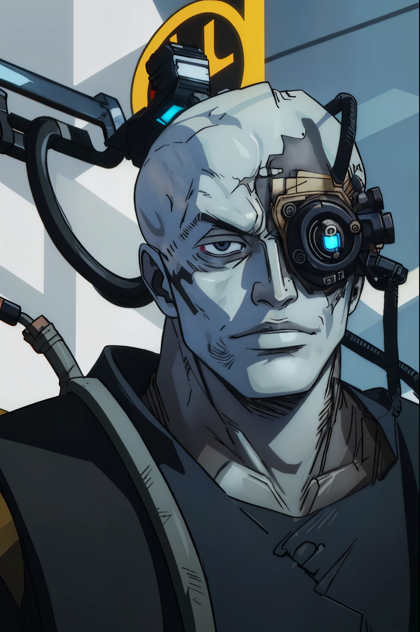 wanostyle best quality,male borg
cyborg
bald
gray skin
veins
metal armor
cable
eyepatch on bright white netural backdrop