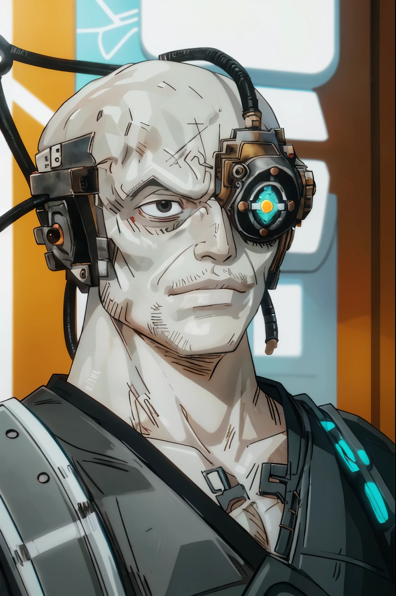 wanostyle best quality,male borg
cyborg
bald
gray skin
veins
metal armor
cable
eyepatch on bright white netural backdrop