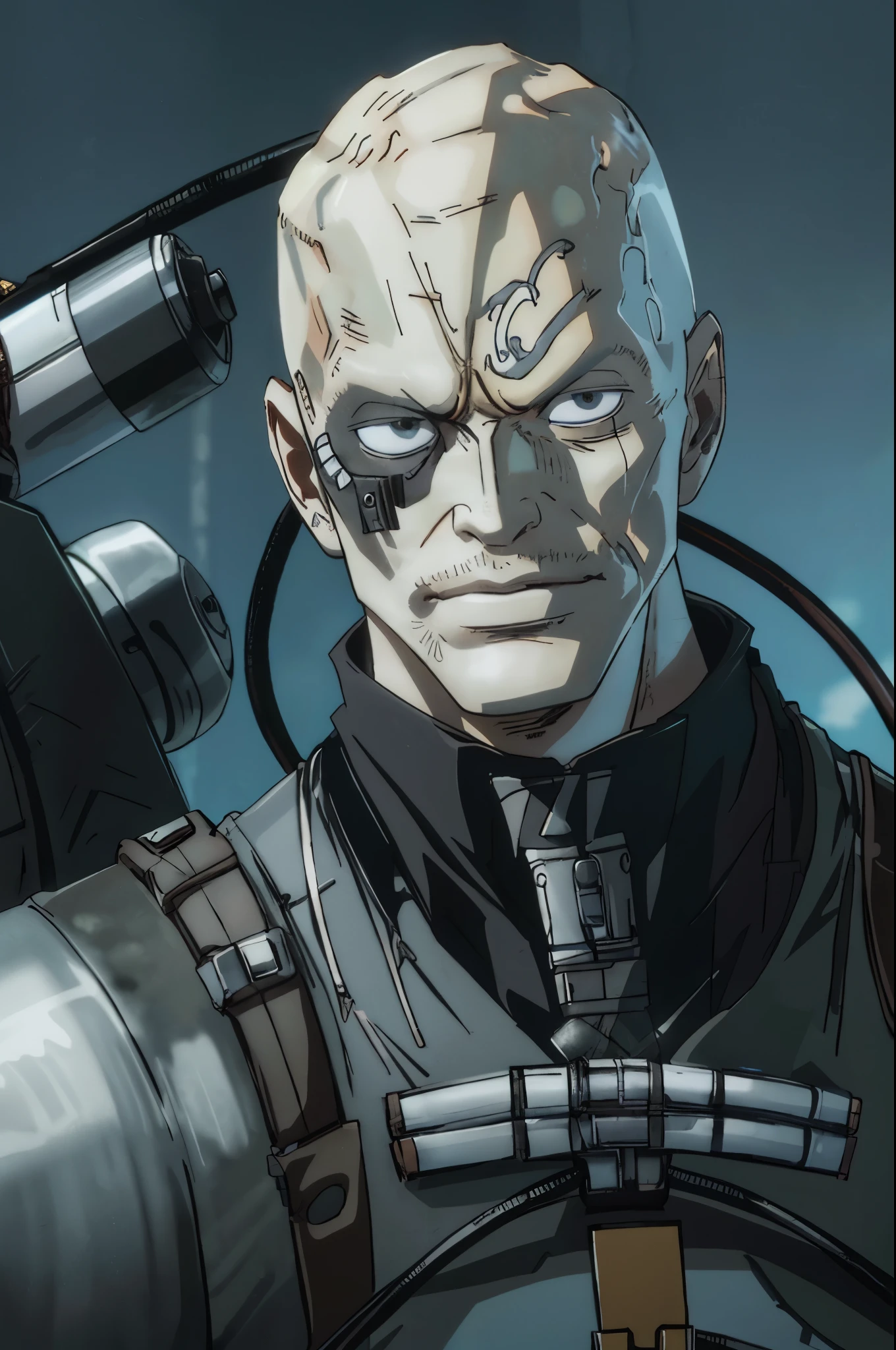 wanostyle best quality,male borg
cyborg
bald
gray skin
veins
metal armor
cable
eyepatch on bright white netural backdrop