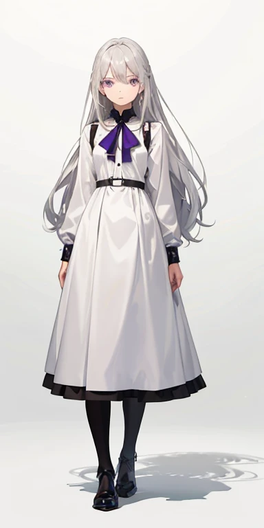 ((the best ever)), ((top-quality)), The girl was expressionless, Animated,  standing , full body , long silver hair, Hair intake, Messy gray hair, Beautiful face, extremely detailed cute anime face, Purple eyes, white dress , Surreal, Facing the front,