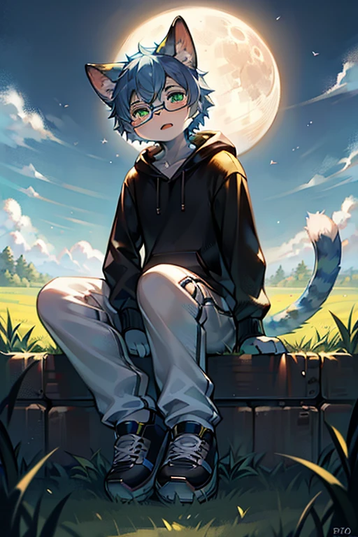 best quality,4k,high resolution,Ultra-detailed,photo-realistic:1.37), serious expression, blue short hair, cat ears, cat tail, green eyeluffy, Shota, male, Lovely, illustration, digital painting, studio lit, bright colors, Surreal, pastel color palette, soft light, hairy, felid, long tail, personification, paw, hairy艺术风格, green case, black hoodie, Glasses,long white pants,No content,black sneakers,In the fields,outdoor,gesture,moon,Poker face