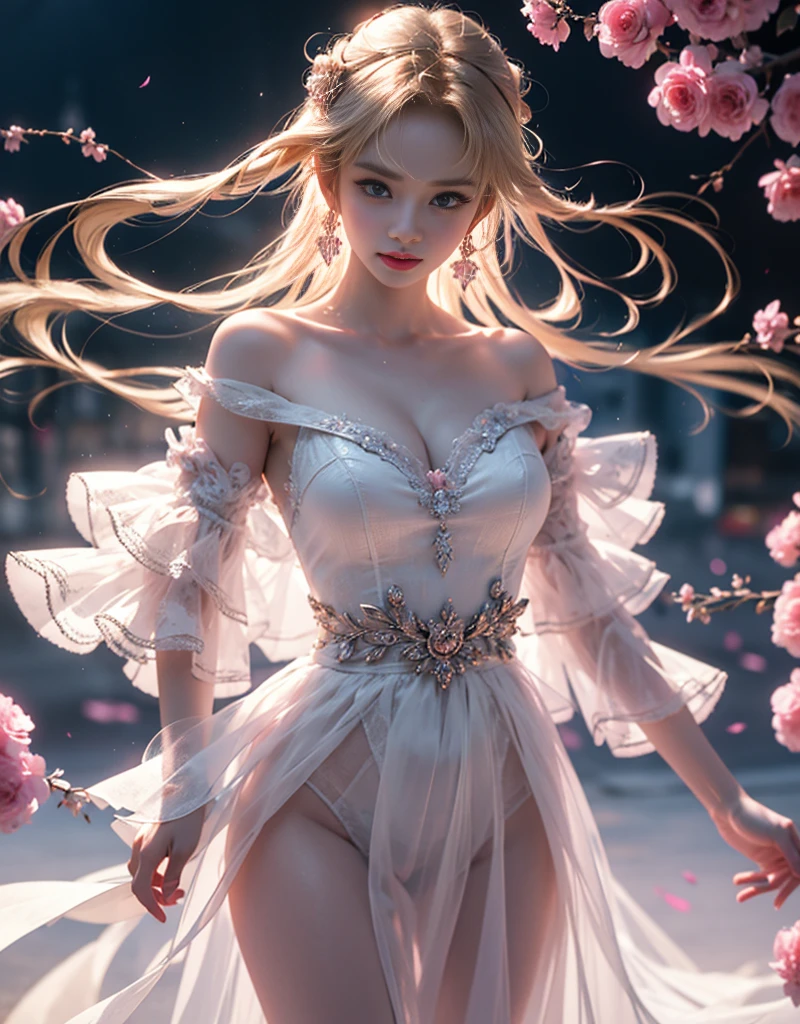 masterpiece,Highest image quality,Super detailest quality ,extremely delicate and beautiful, Very detailed,best quality, official art, Extremely detailed CG unified 8k wallpaper, portrait photo, The most beautiful look,Blonde hair, blue eyes,Radiant skin and radiant eyes, beautiful skin,(detailed lighting:1.2), (Beautiful and detailed light:1.3), deep understanding, beautiful nude color, complex, digital painting, Smooth, sharp focus, end of the world, epic reality,looking at camera, (high dynamic range:1.4),face camera, (pastel colors:1.4), beautiful big breasts,end of the world的, give up, neutral color, night, screen space refraction, (intricate details, Super detailed:1.3), art station, movie shot, vignette, complex background, buliding,charming smile,Blushed,Shy,detailed background,(Various colors of dream catcher earrings missing color,Color black,White,pink,Purple,red,blue,orange color,green,blue,,),And flirtatiouposed,camel toe,comb neatly,),The best look,Crystal Pink Diamond Venetian Sunset Rose Transparent Open Dress,Ultra thin,translucent,lace,hollowed out,(Off-the-shoulder, large open-breasted crystal pink diamond transparent hollow open style falling slim dream dark elf infatuated hip skirt:1.6), 详细的pink背景细节,pink玫瑰,Sea of roseutterfly,