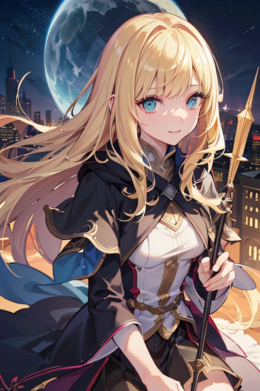 (Official art、Best Quality、Unity 8k Wallpapers、32K、masterpiece、ultra-detailliert、超A high resolution、realisitic、Photorealsitic:1.2)、(Cinematic lighting:1.2)、Fireglow effect、film grainest Shadows、Rim lighting、side lights、sideshot、(Ultra-detailed and complex 3D rendering)、Detailed beautiful face and eyes、Sharp pupils、Realistic pupils、A slender、1Woman、Medium bust、(upper body:1.2)、 Highly detailed background、beauitful face、16-year-old beautiful girl、(super detailed skin、detailed skin textures:1.3)、(Half Blonde、Colorful hair:1.3)、Blunt bangs、green colored eyeagical girl costume、A slender、white shirt、Costumes with frillrills skirt、knee sox、(thighs thighs thighs thighs:0.8)、Black bootantastic and beautiful night sky、Medieval city at night、On the roof of the tower:1.4)、(carrying a magical staff:1.3)、(Looking away、overlooking a city:1.3)、Fantastical、Gentle smile、I opened my mouth a little,furious,evil smile,from side,