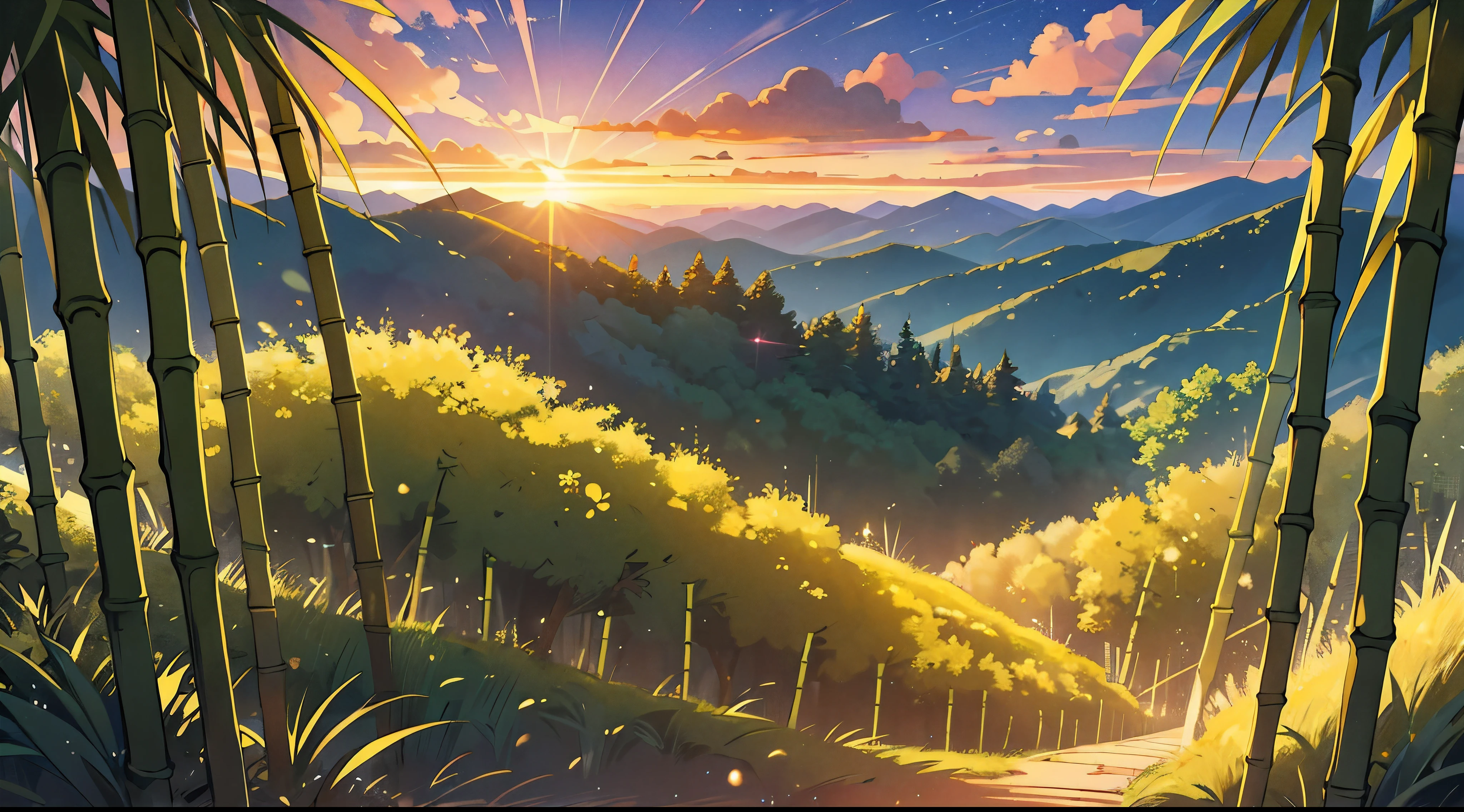 top of the very wide bamboo forest , extremely wide shot , top shot , with no people , outdoor , very golden big sky , golden dusk lighting,