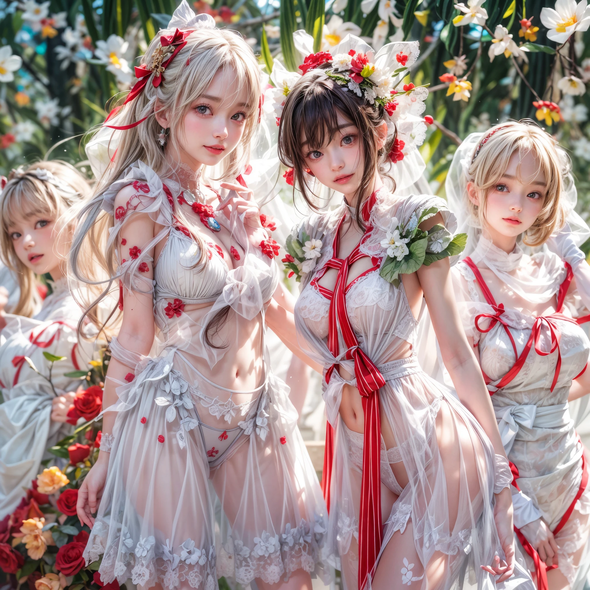 (SFW, White and Red, masterpiece:1.2, Exposed:1.2), (nipple:-0.9), (Acutance:0.8), (many sexy junior idols in group photograph), ((Extremely Detailed KAWAII face variations, joyful expression variations)), { Navel | pretty Ass | Overflowing sideboob | (Delicate lace knitted white wear) | full of Flowers covering girl's body | (Colorful Light shines from Dazzling and delicate stained glass:1.2) }. ( ultra-detailed, realistic, (photorealistic:1.37) with a touch of rawness). { under the mesmerizing back lighting | concept art | enhancing the overall visual impact }. (not Detailed fingers:-0.9) .