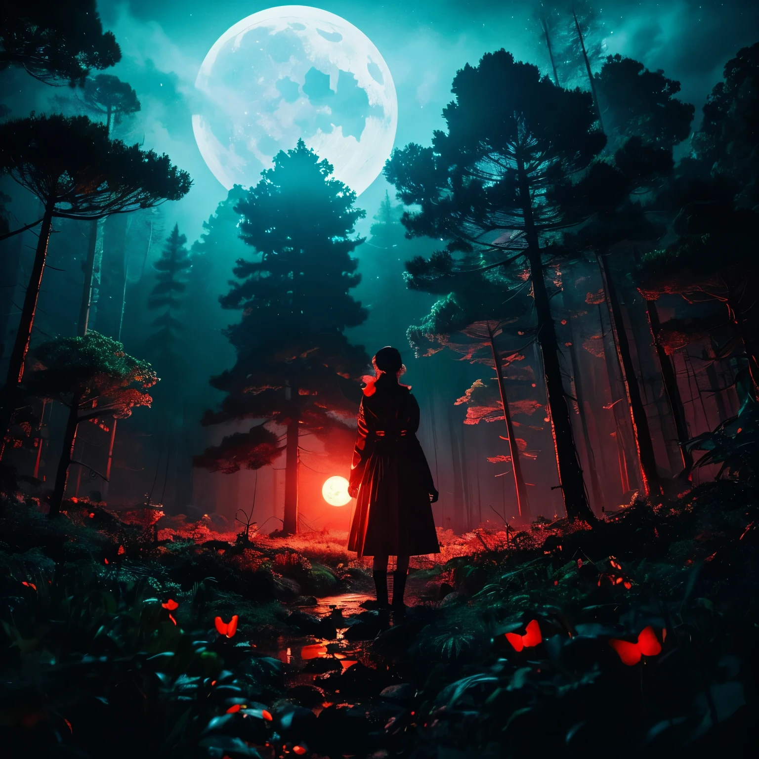 in the deep forest, Pouring rain, big moon,deep darkness,Beautiful clouds,one red butterfly,gap in space and time,cyberpunk style