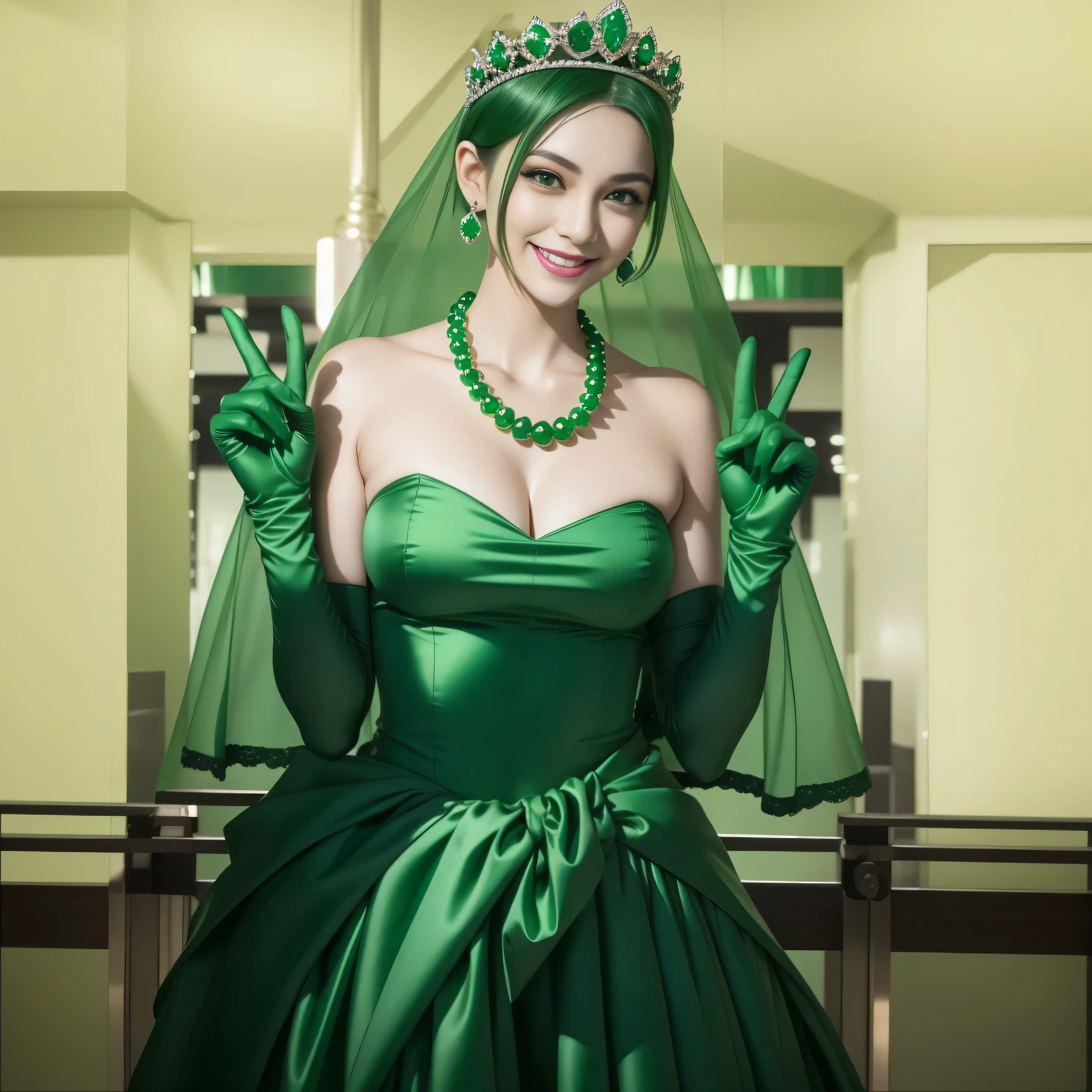 emerald tiara, Green Pearl Necklace, Boyish very short green hair, lipstick, Japan woman smiling, Very short hair, big breasts beautiful, green eyes, Long green gloves made of satin material, green eyes, V sign, Emerald Earrings, green vale
