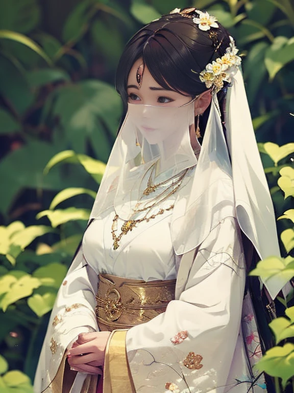 wavy hair wavy hair，，Eyes are very delicate，Ancient China，Gorgeous lace golden white Hanfu，（（（hair accessories）））（（（veil））），necklace，（（shiny skin））a garden with many flowerasterpiece）））， （（best quality））， （（intricate details））， （（surreal））（8k）