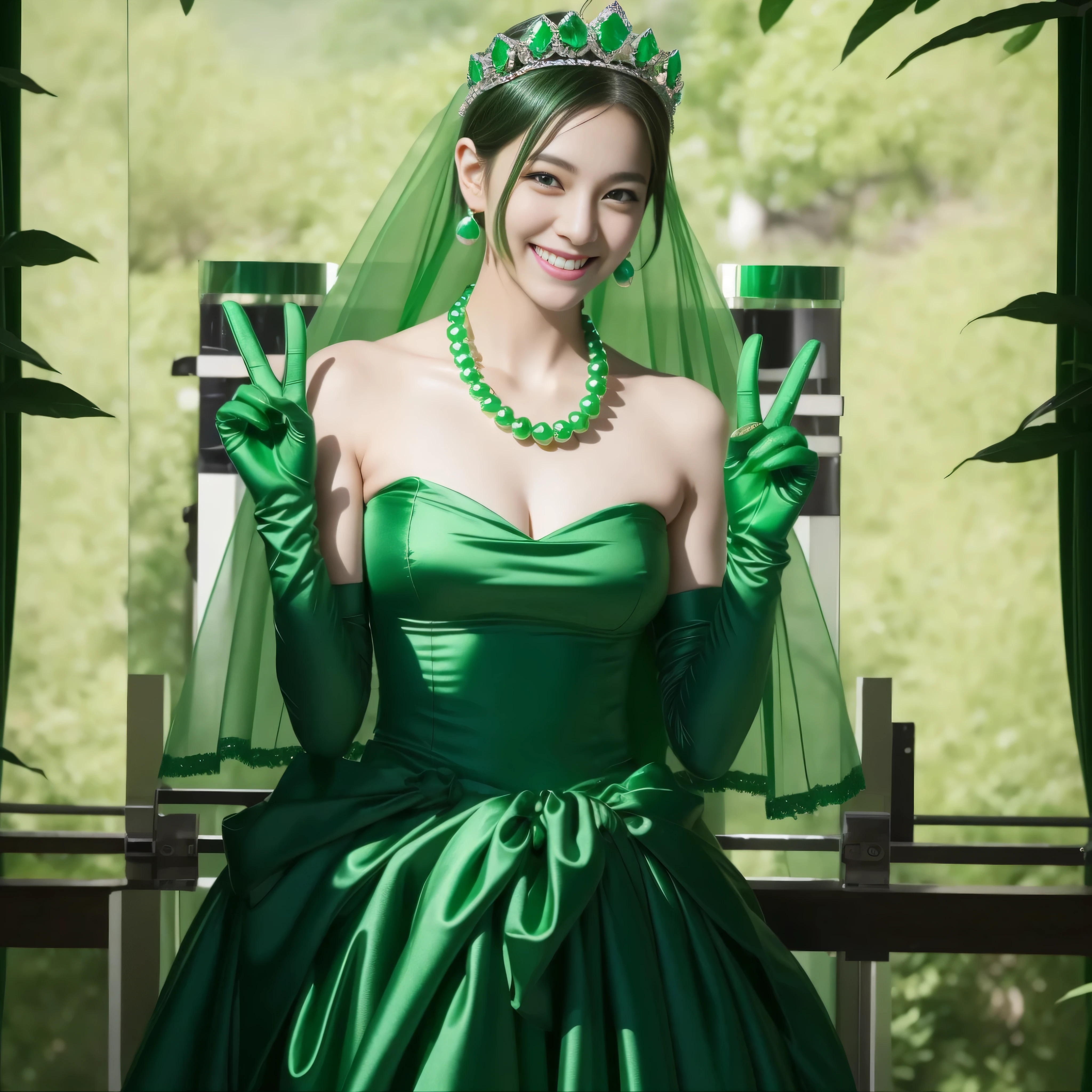 emerald tiara, Green Pearl Necklace, Boyish very short green hair, lipsticks, Japan woman smiling, very short short hair, Busty beauty, green eyes, Long green gloves made of satin material, green eyes, Emerald Earrings, green vale, v sign