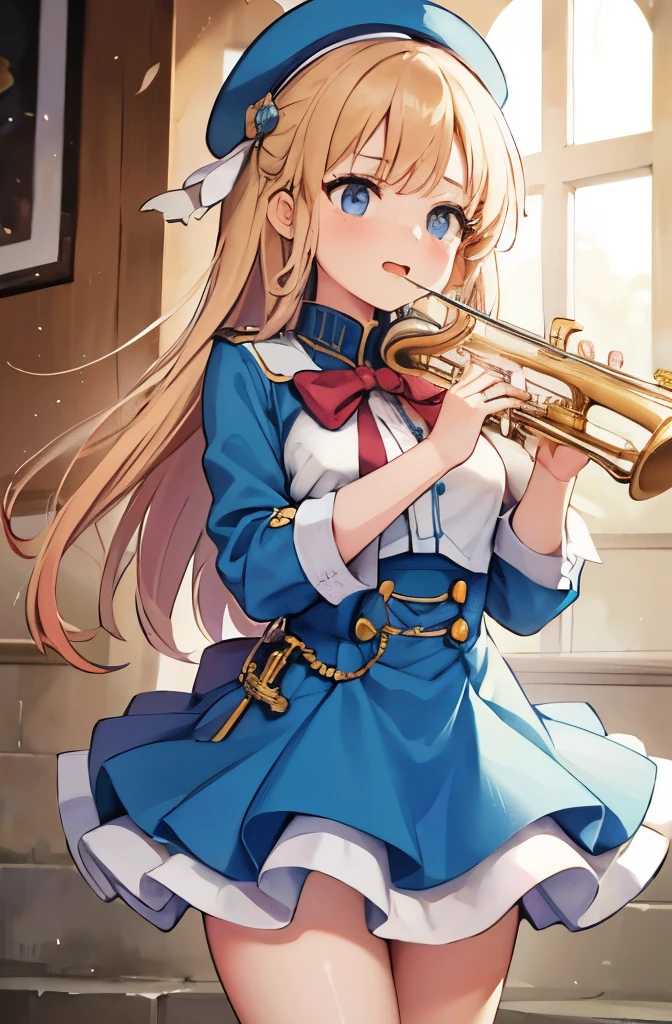 brass band,brass instruments,1 girl,((performance)),((Playing a musical instrument)),Light blue clothes,one piece,uniform