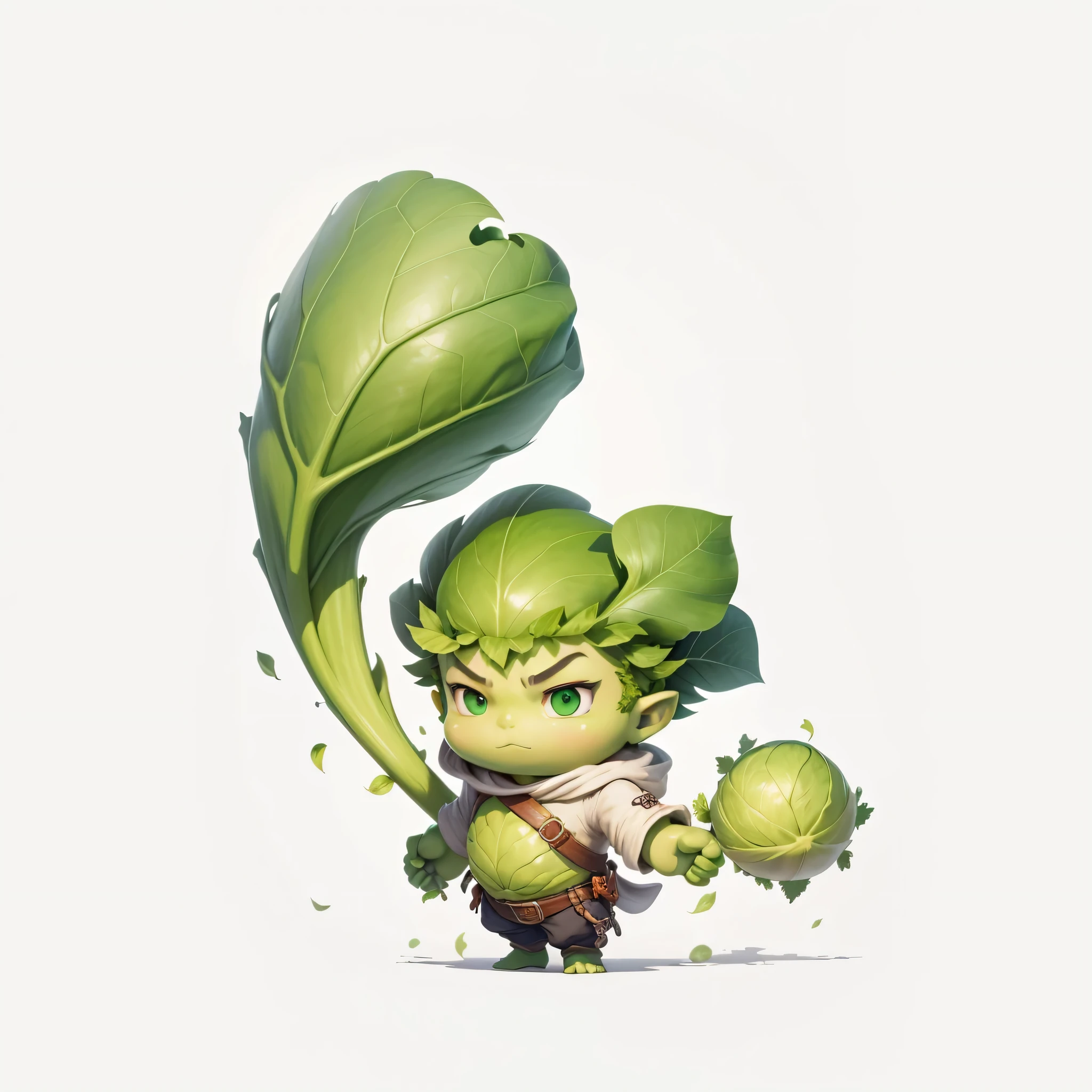 Illustration of a green  boy, Arms are like cabbage, More exaggerated cabbage, Cabbage shape  more obvious, Smooth appearance, Looked up, cute expression, strong arms, role conception, role conception, video game role conception, hipper de tajado fantasy character, Game role conception, role game art, 高度详细的role conception, Epic character art, stylized game art, role conception, Video game character concept, high quality role conception, basal leaf, Higher green saturation