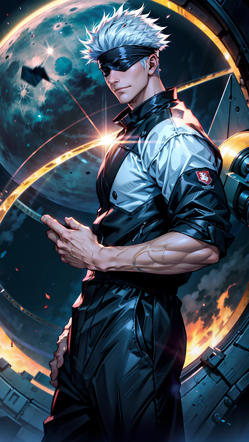 1boy, half body shot, perfect hand and fingers, satoru gojo, blindfold, black outfit, white hair, look at sky, smirk, red and blue moon city night background, wallpaper, cinematic,High resolution 8K, Bright light illumination, lens flare, sharpness, masterpiece, top-quality, The ultra -The high-definition, high resolution, extremely details CG, Anime style, Film Portrait Photography,masterpiece,hyperdetail
