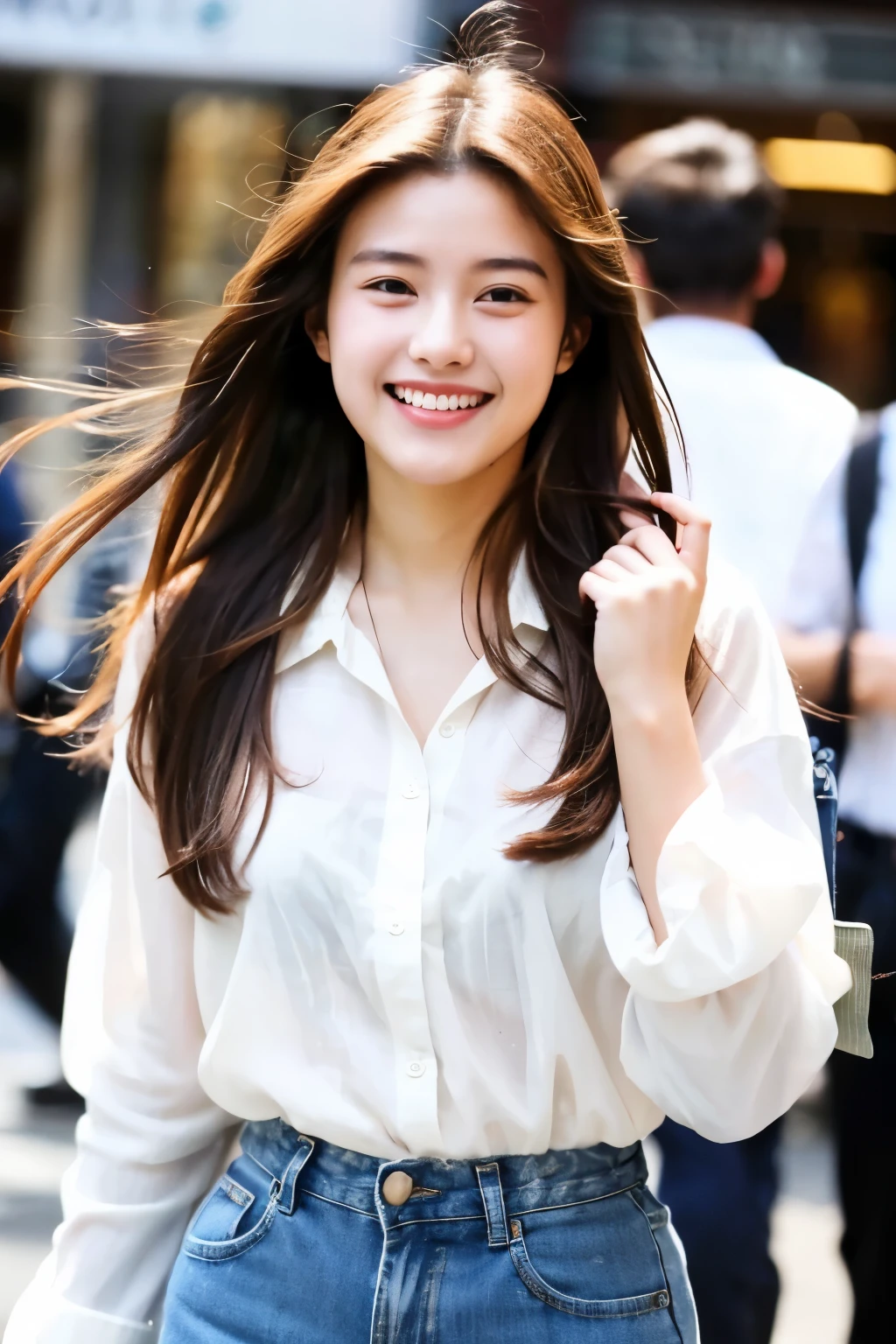 ((highest quality)), ((masterpiece)), (be familiar with), perfect face.brown hair、Long hair fluttering in the wind、street corner、white shirt、big smile、double、Female, 22 years old、university student

