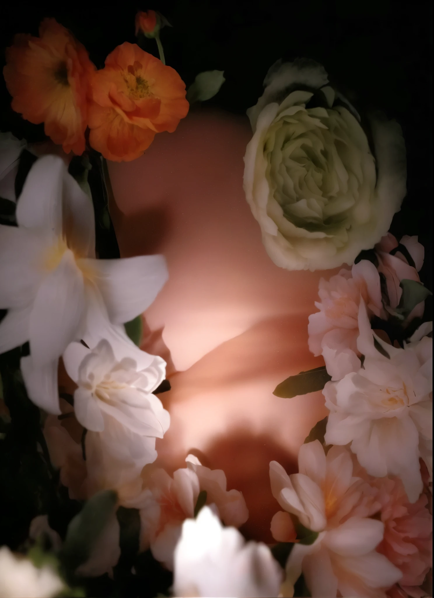 woman surrounded by flowers, Aka album cover, Rinko Kawauchi, Flowers grow from his body, Petra Collins, Soft blooming light, in style of Petra Collins, soft light album cover, author：Natalie Ratner, Araki Nobuyoshi, surrounded by flowers, lights and blooms, Flowers grow from the body