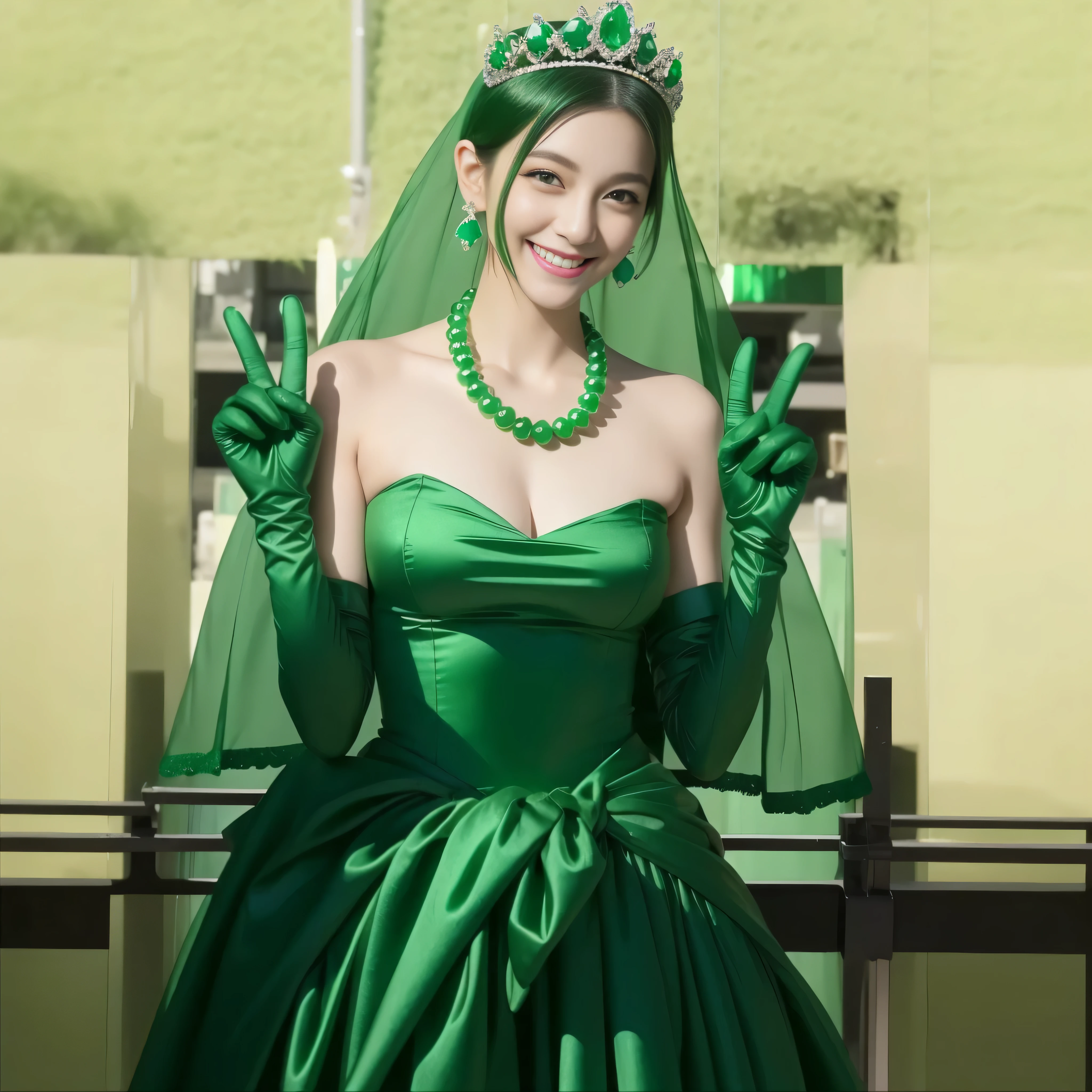 emerald tiara, Green Pearl Necklace, Boyish very short green hair, lipstick, Japan woman smiling, Very short hair, big breasts beautiful, green eyes, Long green gloves made of satin material, green eyes, V sign, Emerald Earrings, green vale

