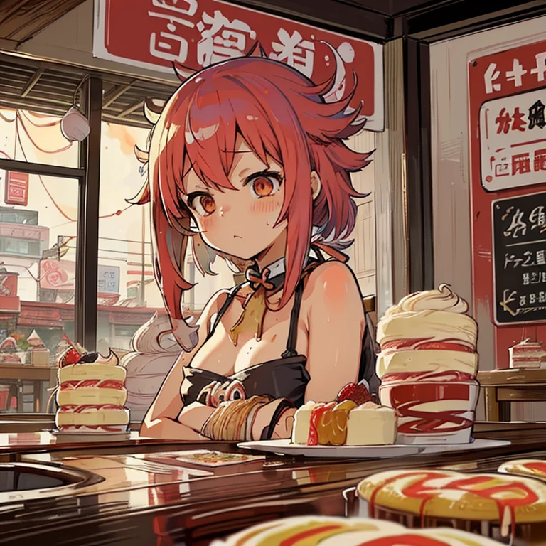 A candy store covered in newspaper waterfalls and boiling strawberry parfait ramen、amazing dynamism、amazing angle、A swirling newspaper storm of unstable buoyancy、((Many gentle convenience cakes will float and follow you..),surround each other'whipped custard