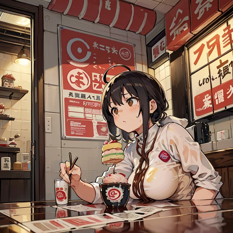 A ramen shop covered in newspaper waterfalls and boiling strawberry parfait ramen、amazing dynamism、amazing angle、A swirling newspaper storm of unstable buoyancy、((Many gentle convenience cakes will float and follow you..),surround each other'whipped custard