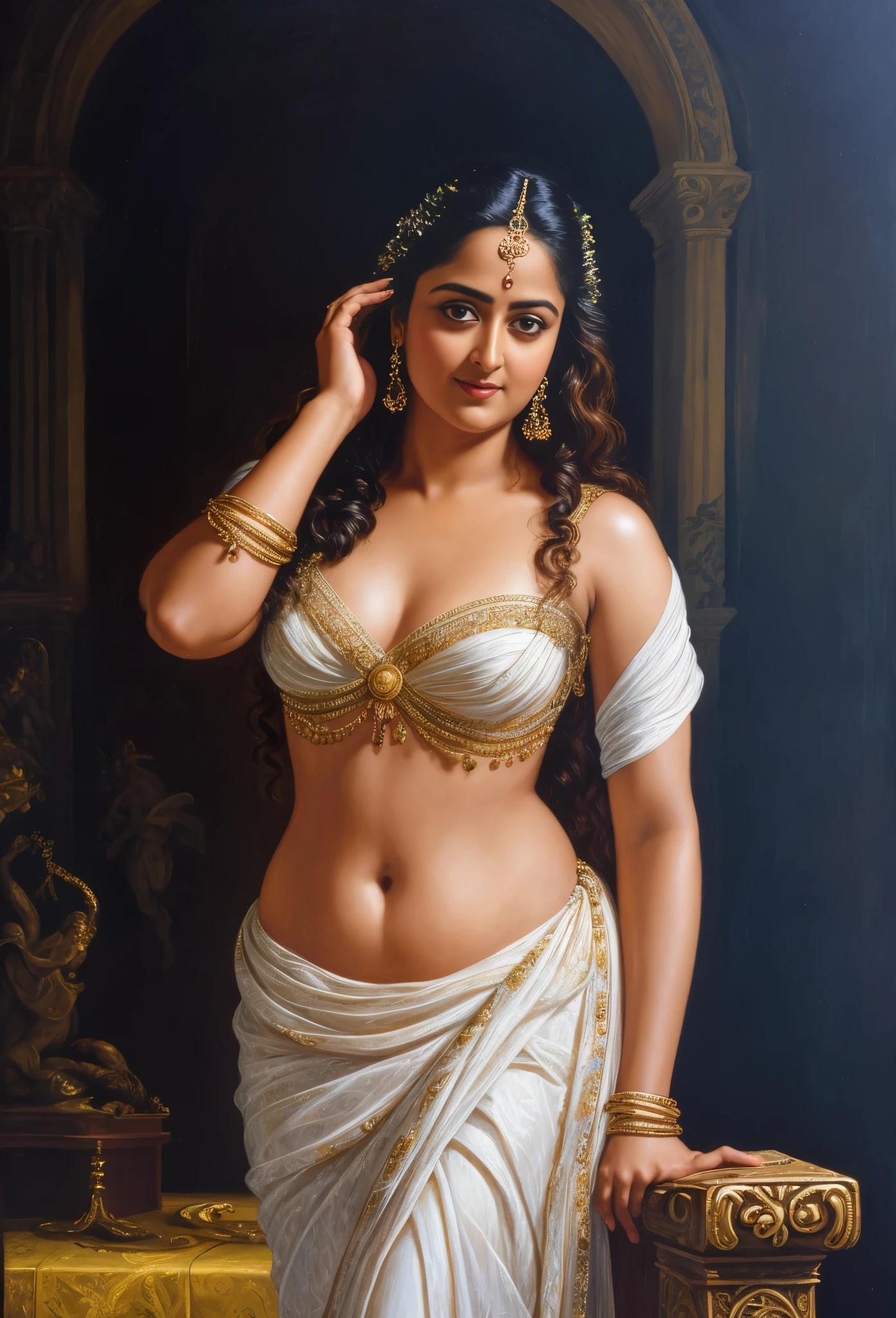 Looks like Anushka Shetty, Masterpiece, Best quality, high clarity eyes, beautifully styled hair, critically flawless,sharp picture, Full portrait, High pixels, perfect face, perfect eyes, beautiful face, perfect hands,perfect fingers, in Peter Paul Rubens style, by Peter Paul Rubens, baroque style, acrylic on canvas, highly detailed, description: "Create a nymph inspired by the tales of Greek or Roman mythology, embodying the essence of a natural element or location, and possessing a unique ability or trait that sets her apart."