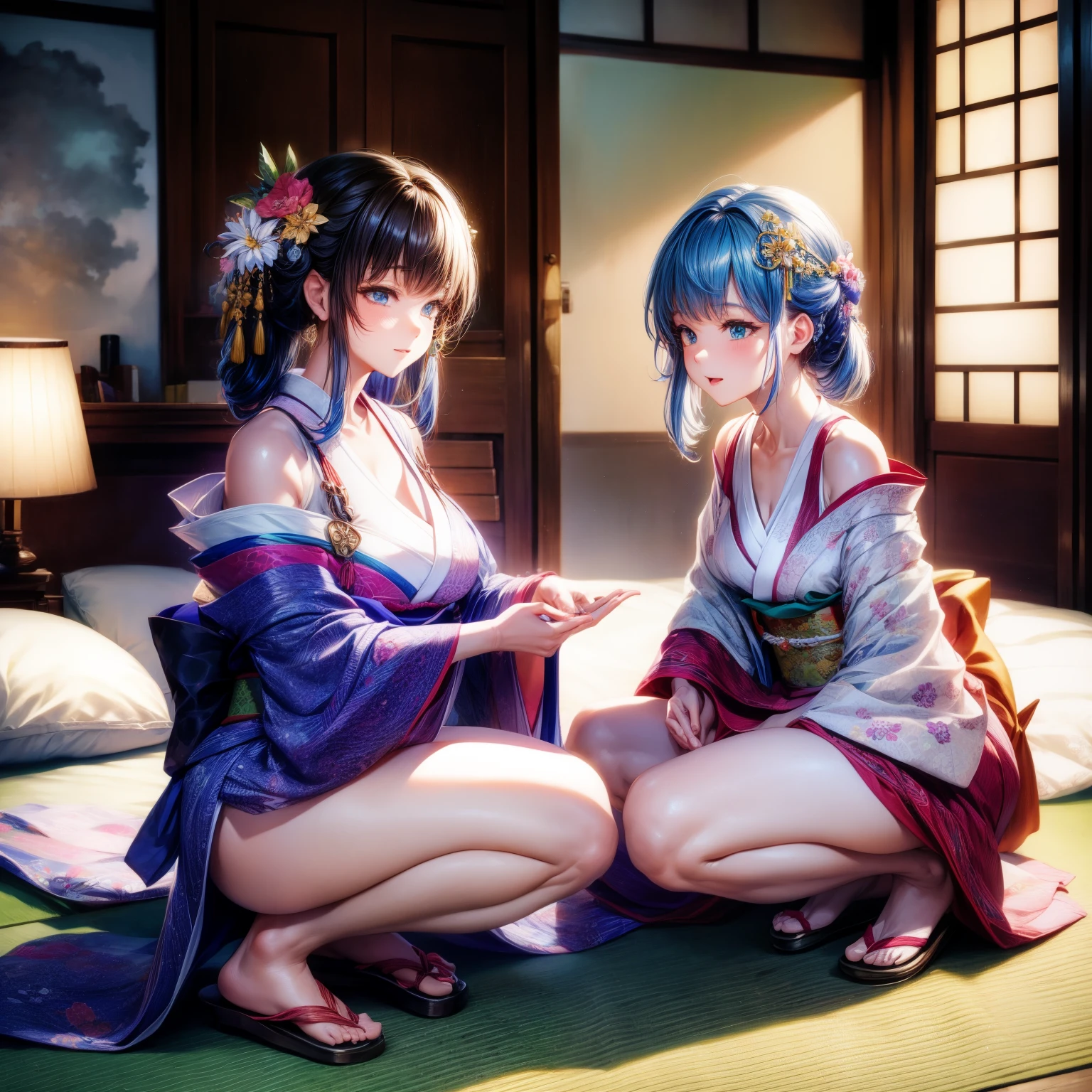 （8K ，Ultra-detailed，Super real photoest masterpiece，Nature，perfect work of art，perfect female body），two women，mother and daughter， maternal desire，squat on the ground，legs apart，rainbow hair，（bulge，巨big的），neighbor wife，woman hairstyle，elegant wife，in bedroom，Exquisite and ，Wear revealing kimono，super short kimono，Wearing a low-cut, off-the-shoulder kimono，White suspenders，Embed，big，，full body shoastic muscleulgebulge，Obscenity exposed ，