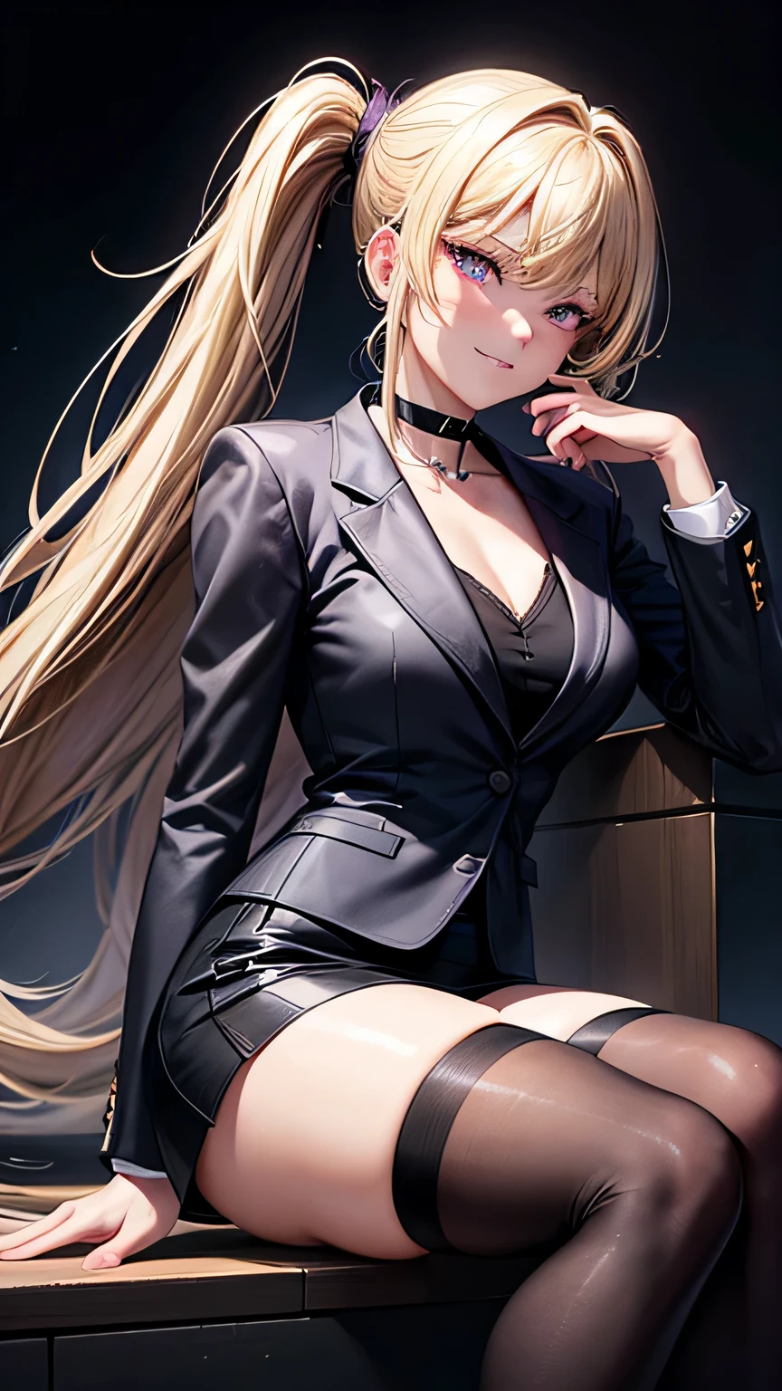 masterpiece, best quality, high quality, Dark blonde hair, blonde hair, bangs, ponytail, violet eyes, kei karuizawa, smirking, sitting, crosslegged, black thigh highs, business skirt, black stylish blazer, white short, black choker, boots with heels, club background, best quality, masterpiece