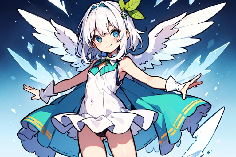 ****, leprechaun, white hair: long, blue eyes, small breasts, vest, garter, hair accessories, seductive smile, gaze, head tilt, behind arms, (slim), (thin legs: open legs), high detail, best quality, masterpiece, detailed ice, cumulonimbus clouds, beautiful details glow, ice crystal textured wings