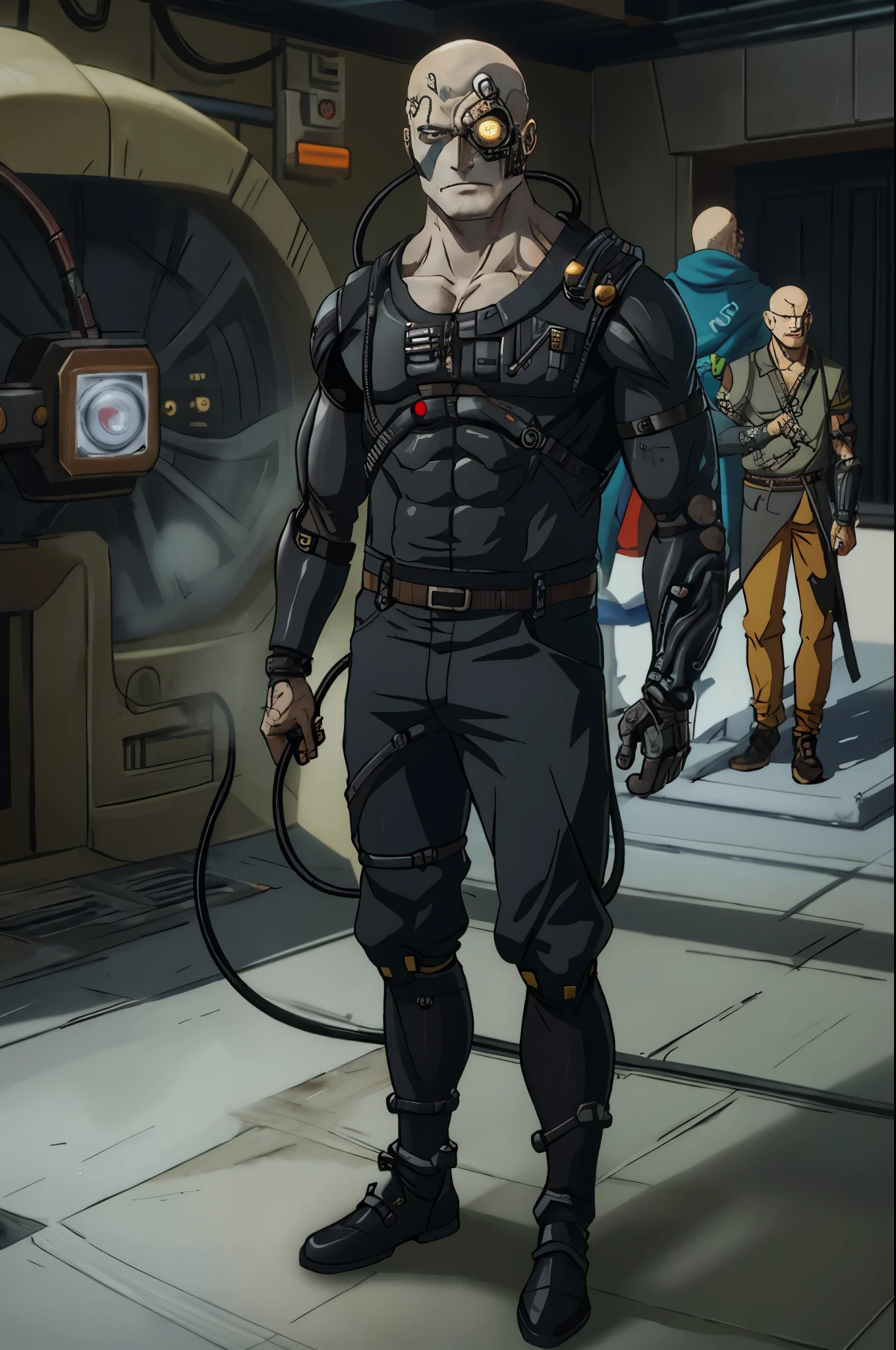 fullbody fullframe wanostyle best quality,male borg
cyborg
bald
gray skin
veins
metal armor
cable
eyepatch 