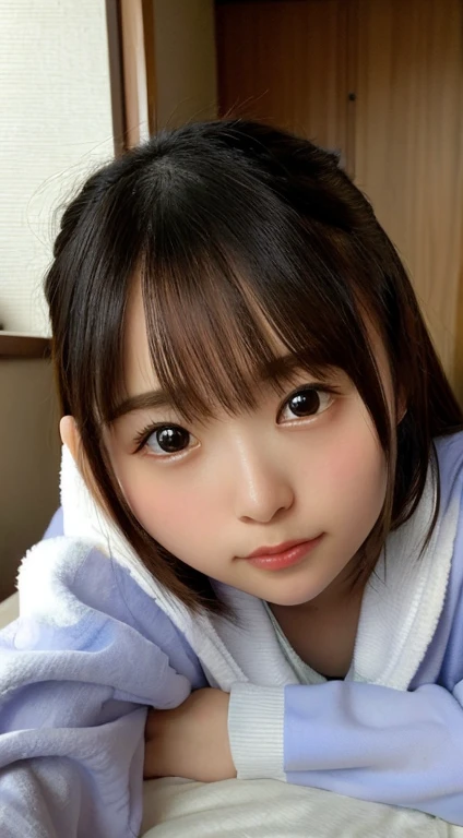 ulzzang -6500-v1.1, (Raw photo:1.2), (Photorealsitic), a beautiful detailed girl, (Real: 1.4), ((Cute pajamas、lie down in the room))、game_nffsw, huge filesize, hight resolution, ighly detailed, top-quality, [​masterpiece:1.6], illustratio, ighly detailed, nffsw, finely detail, top-quality, 8k wallpaper, Cinematographic lighting, 1girl in, 17 age, perfect body type, cute droopy eyes beautiful big eyes、Pieckfinger, ((masutepiece)), Best Quality, 1girl in, eye shadow,  Portrait, ((FULL BODYSHOT:1.4))、(Very affectionate smile:1.2)、realistic skin textures、shinny skin、