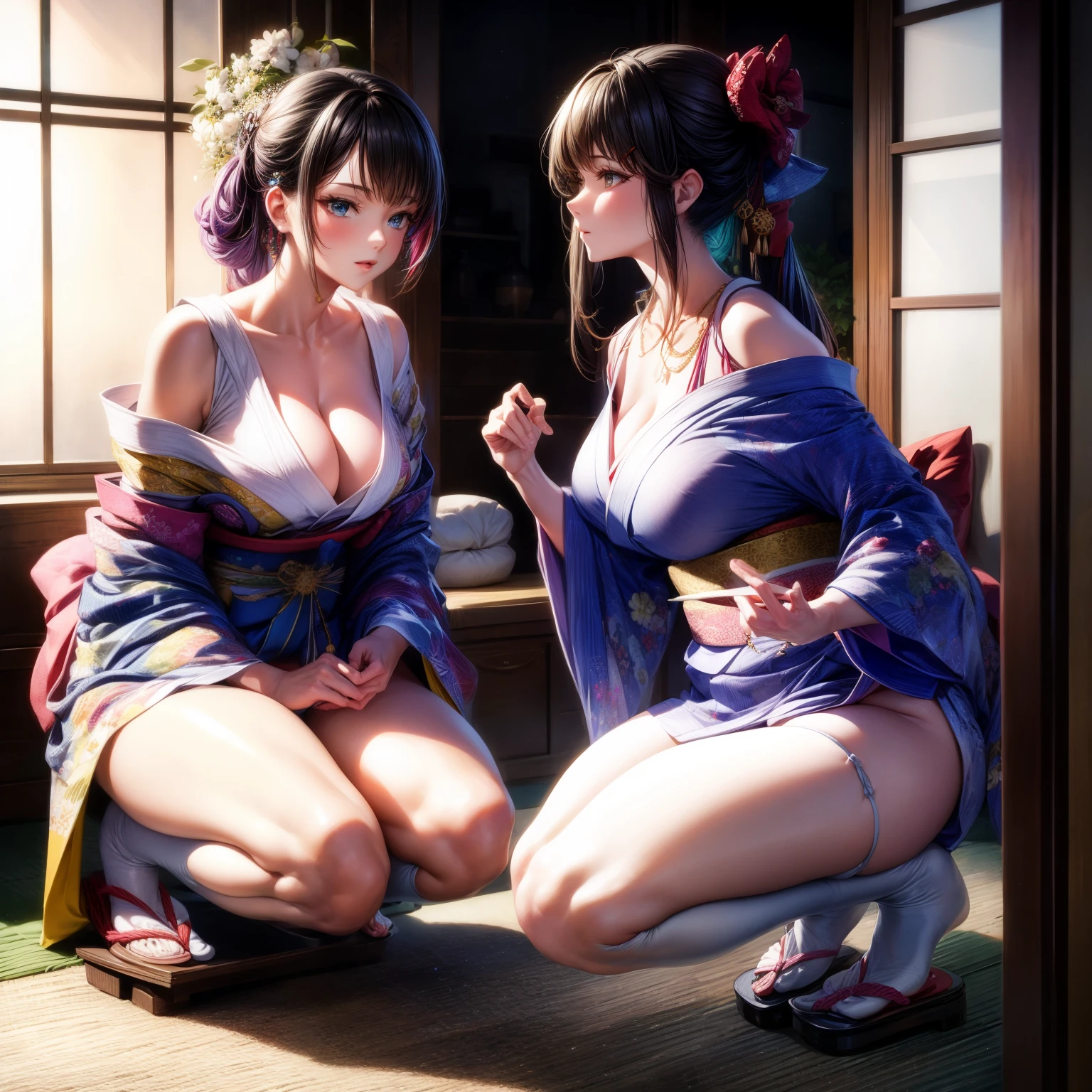 （8K ，Ultra-detailed，Super real photoest masterpiece，Nature，perfect work of art，perfect female body），two women，mother and daughter， maternal desire，squat on the ground，legs apart，rainbow hair，（bulge，巨big的），neighbor wife，woman hairstyle，elegant wife，in bedroom，Exquisite and ，Wear revealing kimono，super short kimono，Wearing a low-cut, off-the-shoulder kimono，White suspenders，Embed，big，，full body shoastic muscleulgebulge，Obscenity exposed ，