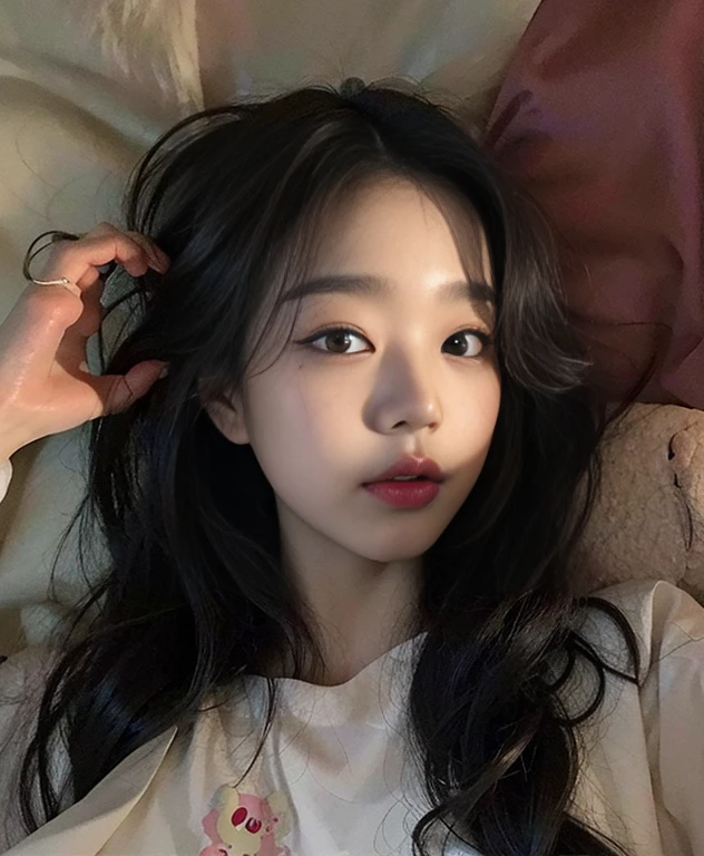 wonyoung mulher perfeita, melhor qualidade (cabelos escuros e ondulados)) olhos brilhantes e castanho, woman lying down with her hand in her silky dark hair, Jang wonyoung, blusa rosa da hello kitty, perfect lips,  mulher perfeita,  pele clara e limpa, melhor qualidade. 