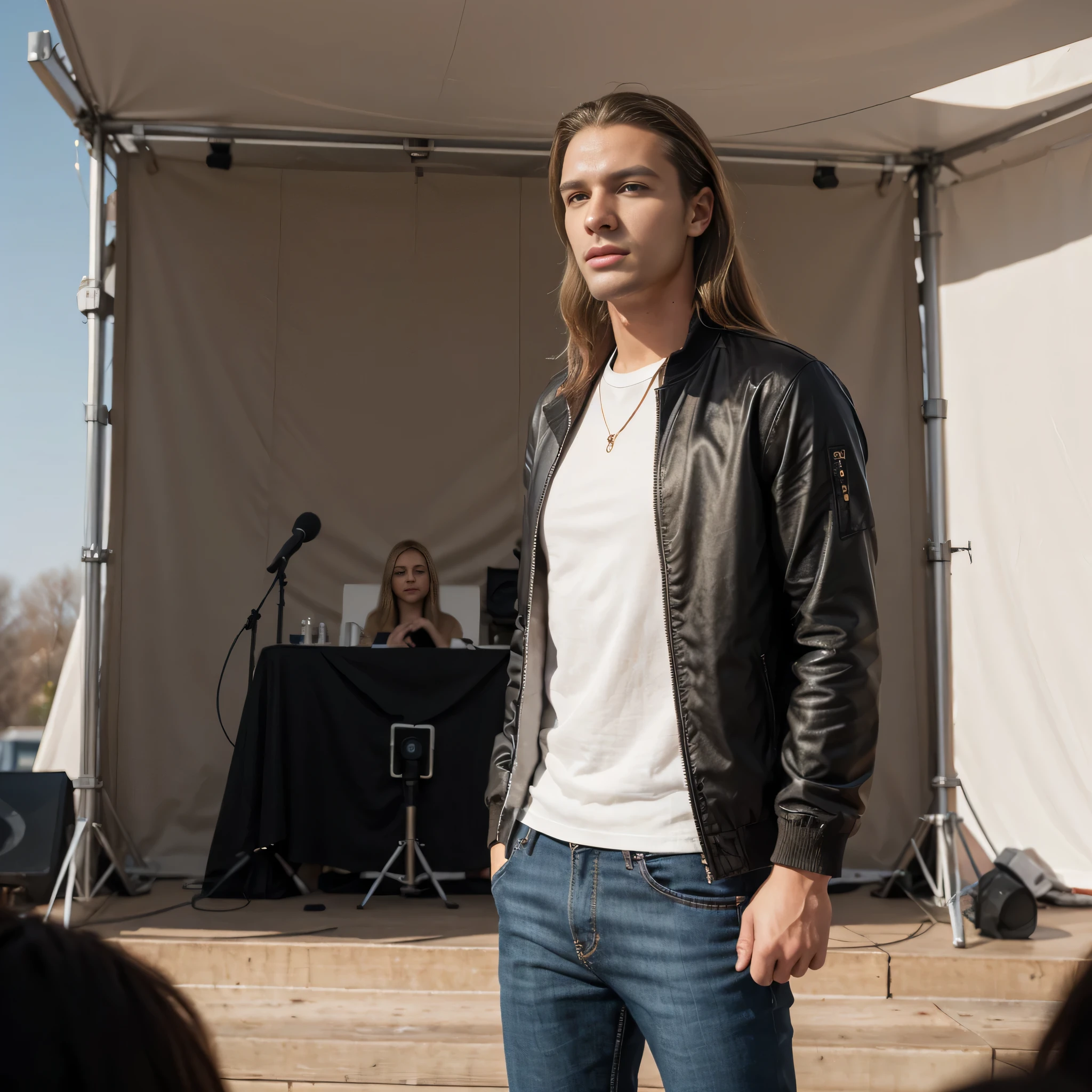 In the style of glamour photograpy, realistic, medium full shot of one beautiful european nordid man with insanely long brown-blonde hairs and clean shaved face, dressed in modern colorful jacket, (looking straight:1.5) standing near the microphone on the big openair scene, canon 5d mark IV, 200mm lens, blured background, looking at the camera (straight!!!)!