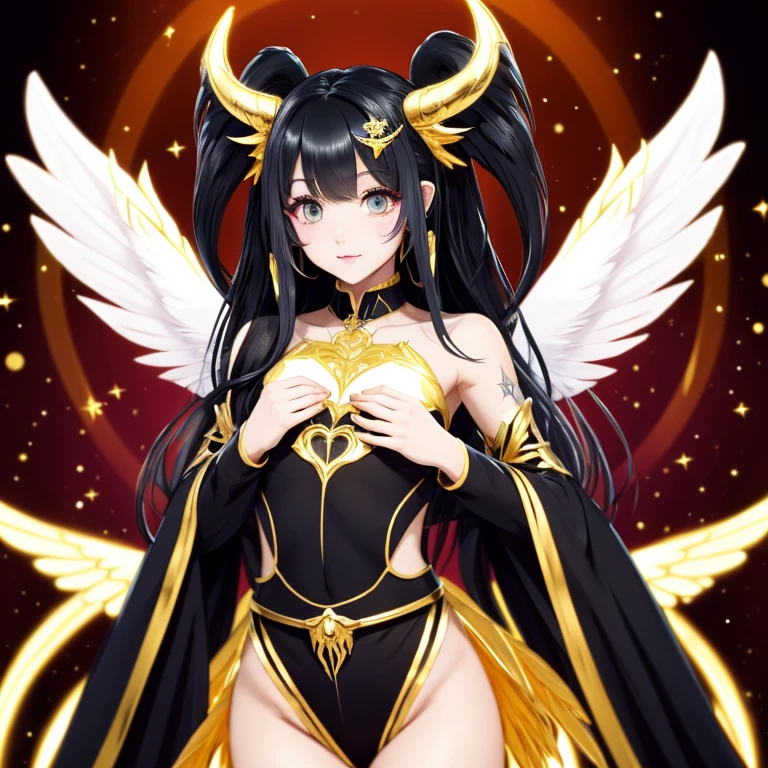 A girl with angel wings that are black and gold, a long tail with a heart shape at the bottom also black and gold, has horns and a broken Halo also black and gold, has an angel outfit it's also black and gold, she has long curly white hair, and Amber eyes