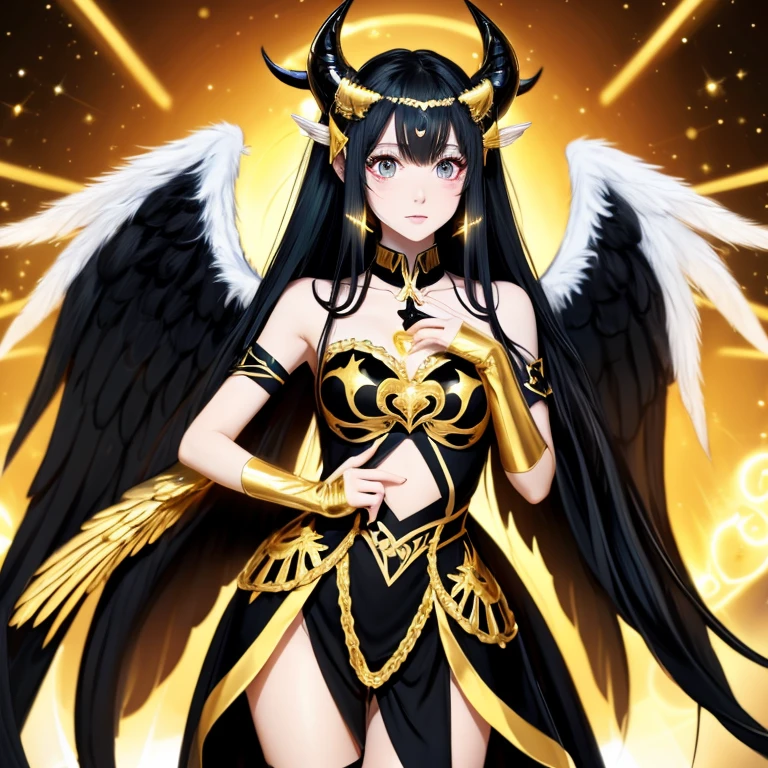 A girl with angel wings that are black and gold, a long tail with a heart shape at the bottom also black and gold, has horns and a broken Halo also black and gold, has an angel outfit it's also black and gold, she has long curly white hair, and Amber eyes