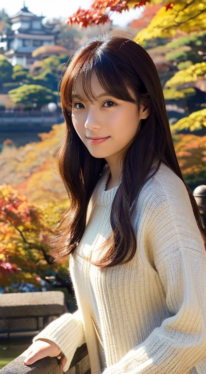 Rin's image, according to your detailed instructions, created. depicts her realistically and in detail, With the Fukuoka Castle ruins in the background. Lin depicted as Asian, long brown hair, Decorated with elegant jewelry. she is wearing a white sweater and blue jeans, Kiyomizu-dera Temple in Kyoto, A view overlooking the autumn leaves.